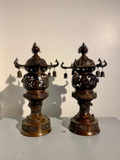 Pair Japanese Bronze Pagoda Temple Lanterns, Taisho Period, circa 1920, Japan