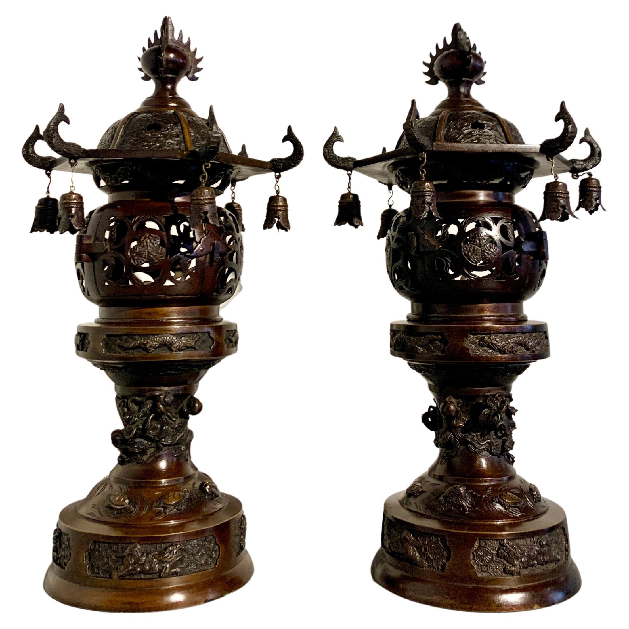 Pair Japanese Bronze Pagoda Temple Lanterns, Taisho Period, circa 1920, Japan For Sale