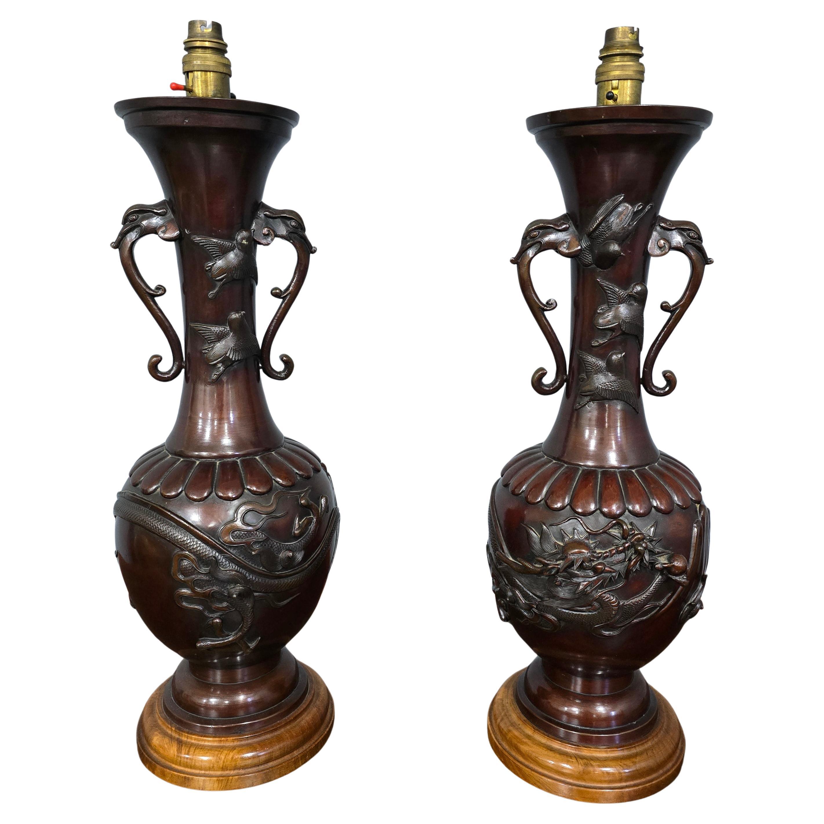 Pair Japanese Bronze Table Lamps