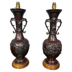 Antique Pair Japanese Bronze Table Lamps
