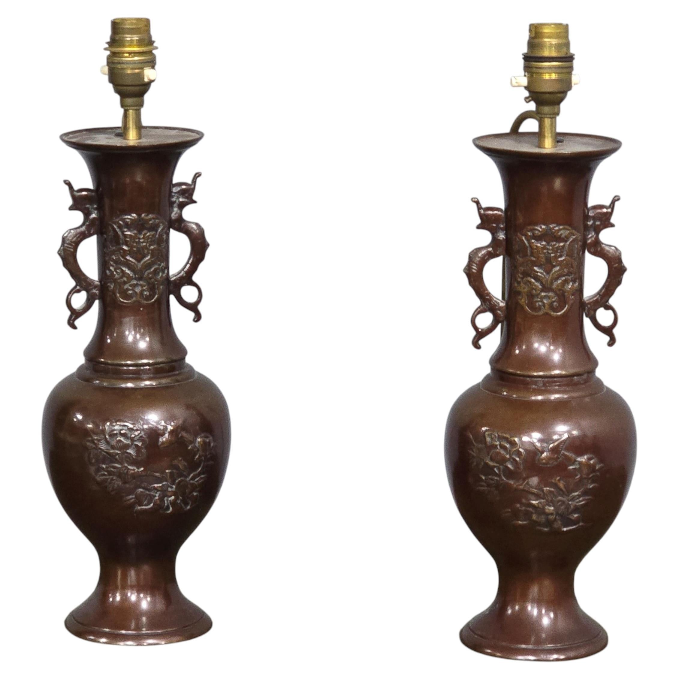 Pair Japanese Bronze Table Lamps