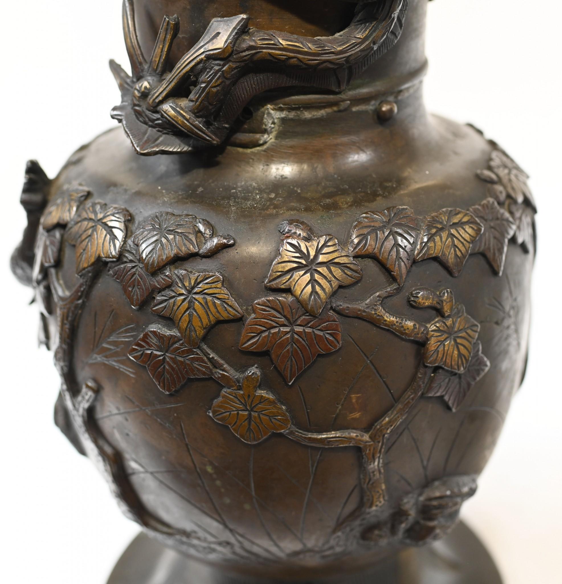 Pair Japanese Bronze Vases Antique Dragon Urns, 1880 In Fair Condition In Potters Bar, GB