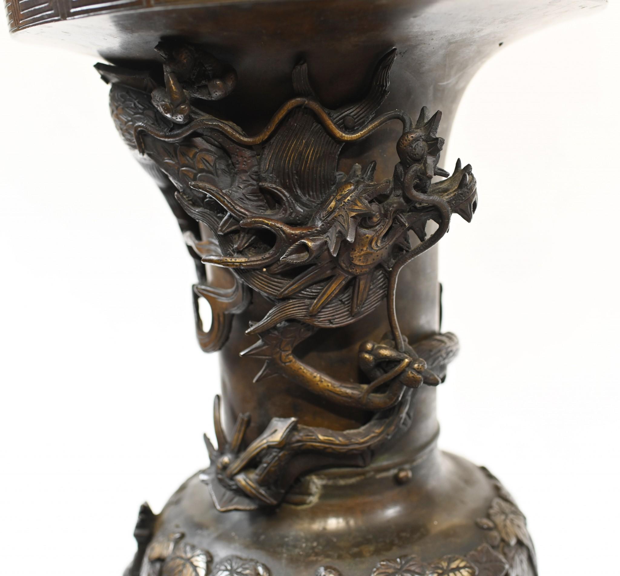 Pair Japanese Bronze Vases Antique Dragon Urns, 1880 1