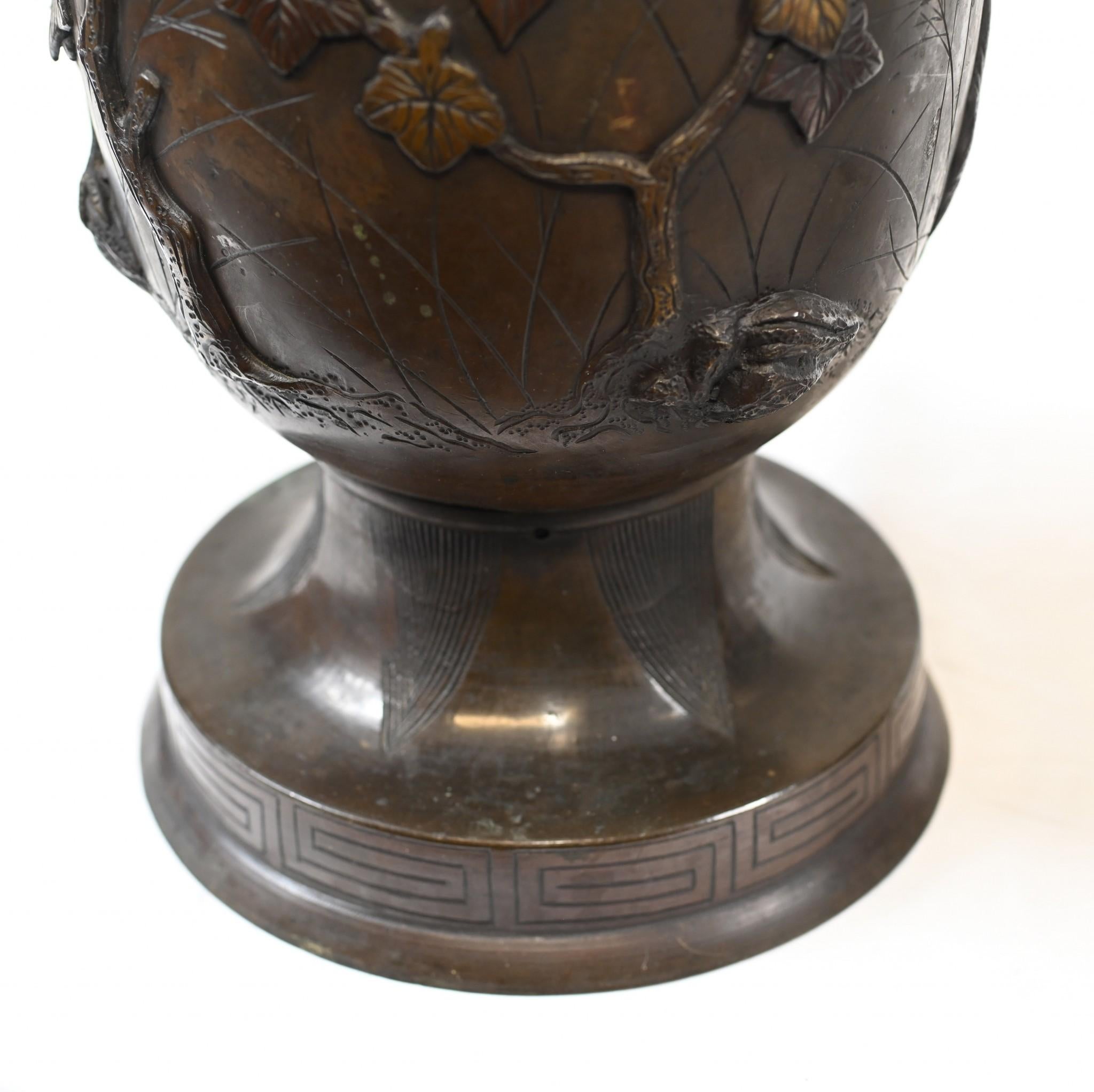 Pair Japanese Bronze Vases Antique Dragon Urns, 1880 2