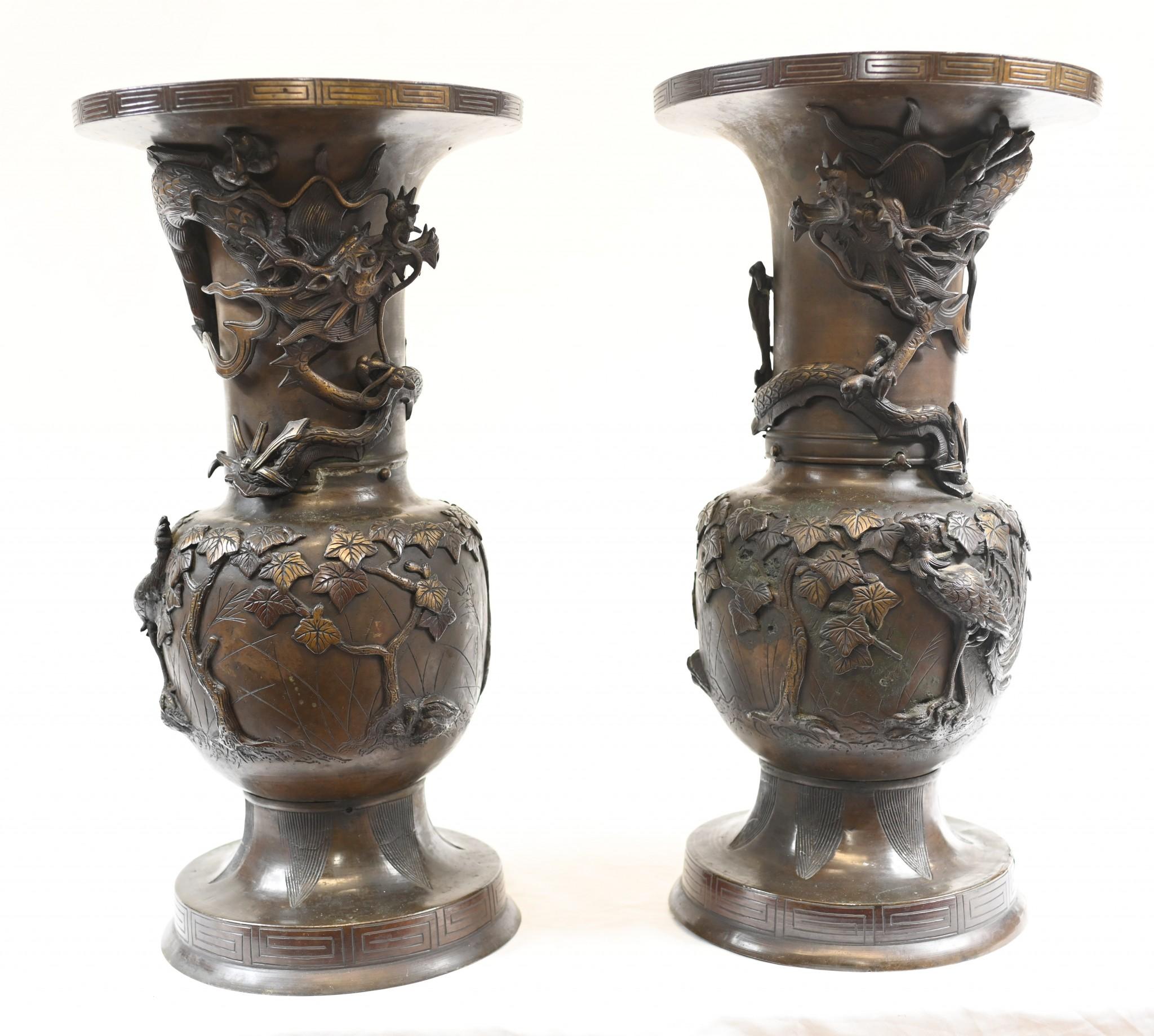 Pair Japanese Bronze Vases Antique Dragon Urns, 1880 4