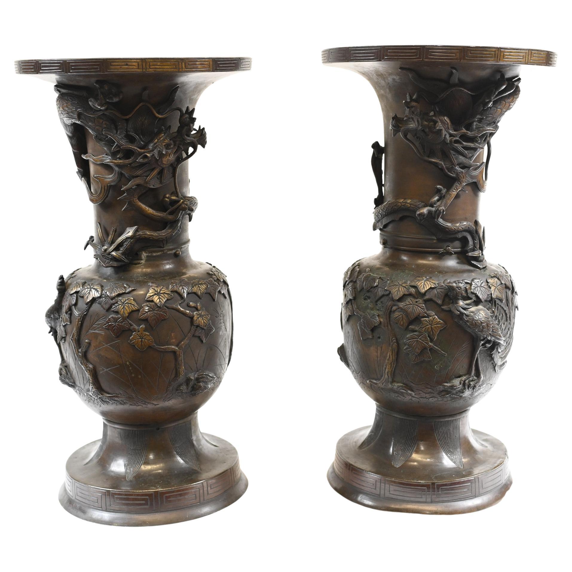 Pair Japanese Bronze Vases Antique Dragon Urns, 1880