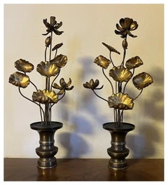 Pair Japanese Buddhist Meiji Carved Gilt Wood Altar Lotus Flowers in Bronze Urns