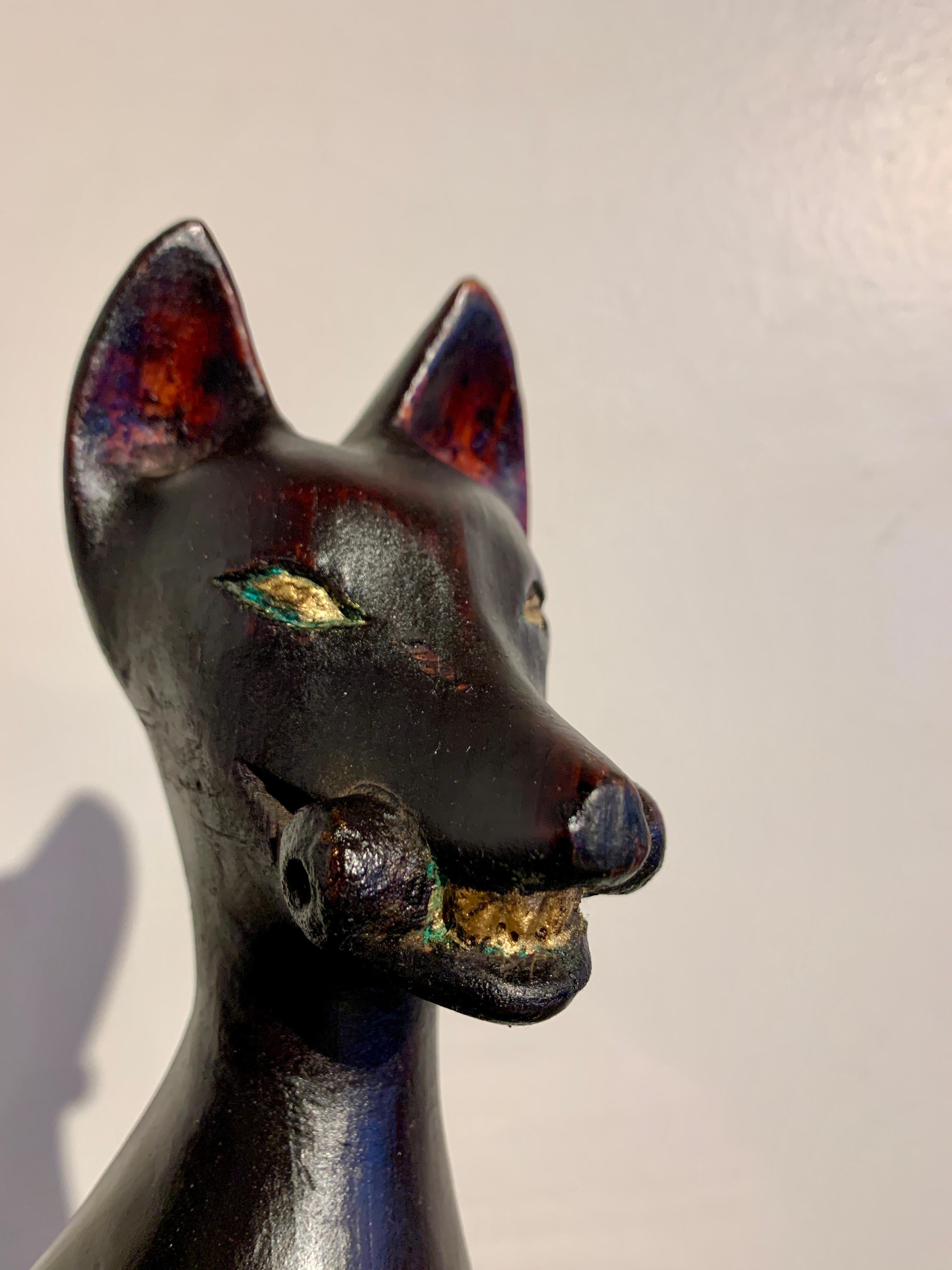 Pair Japanese Carved and Lacquered Inari Foxes, Showa Era, Dated 1951, Japan For Sale 4
