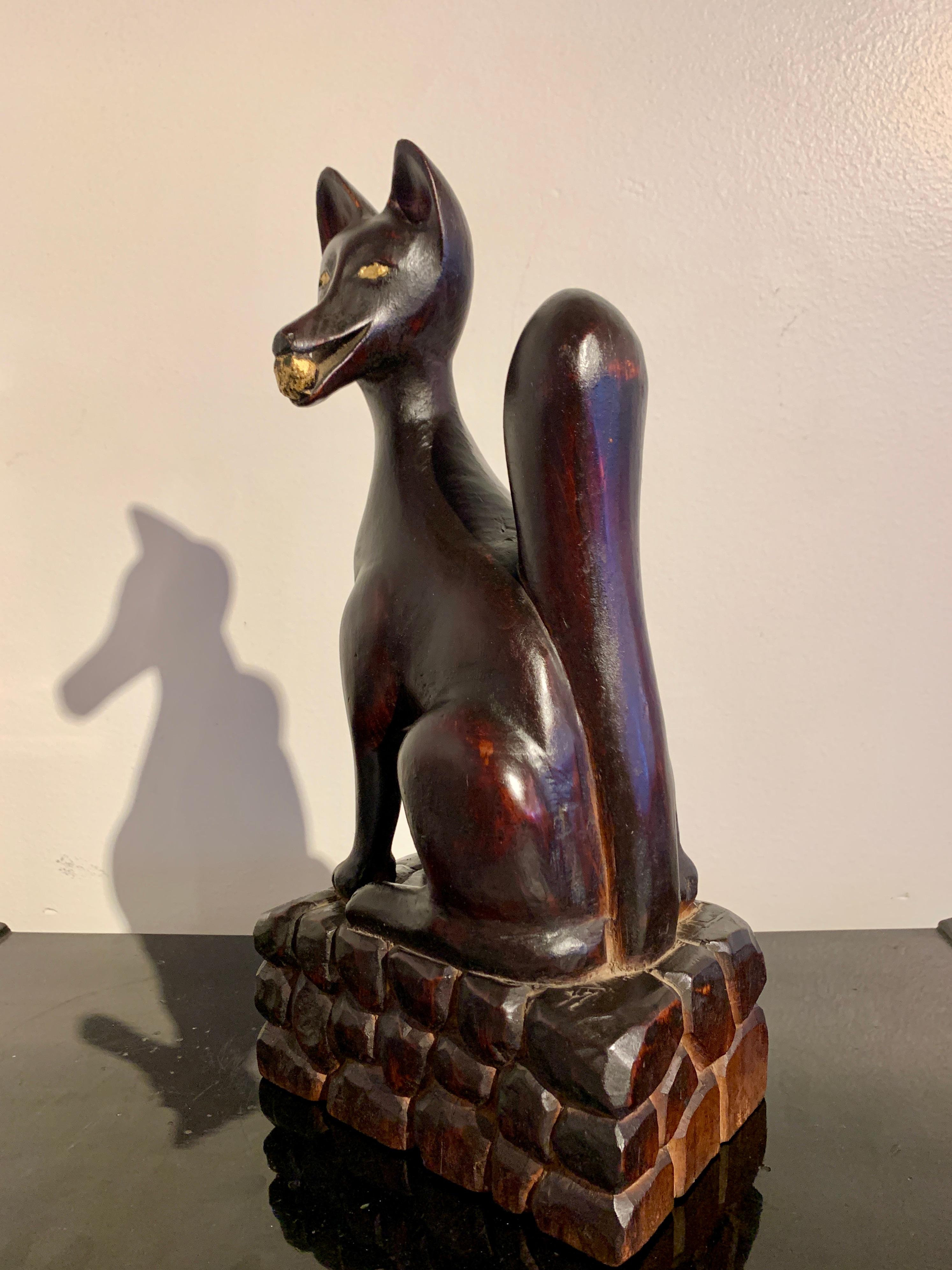 Pair Japanese Carved and Lacquered Inari Foxes, Showa Era, Dated 1951, Japan For Sale 8