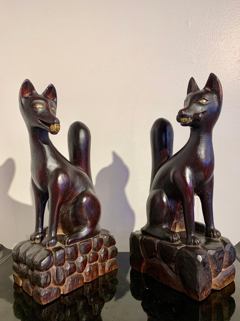 Pair Japanese Carved and Lacquered Inari Foxes, Showa Era, Dated 1951 ...