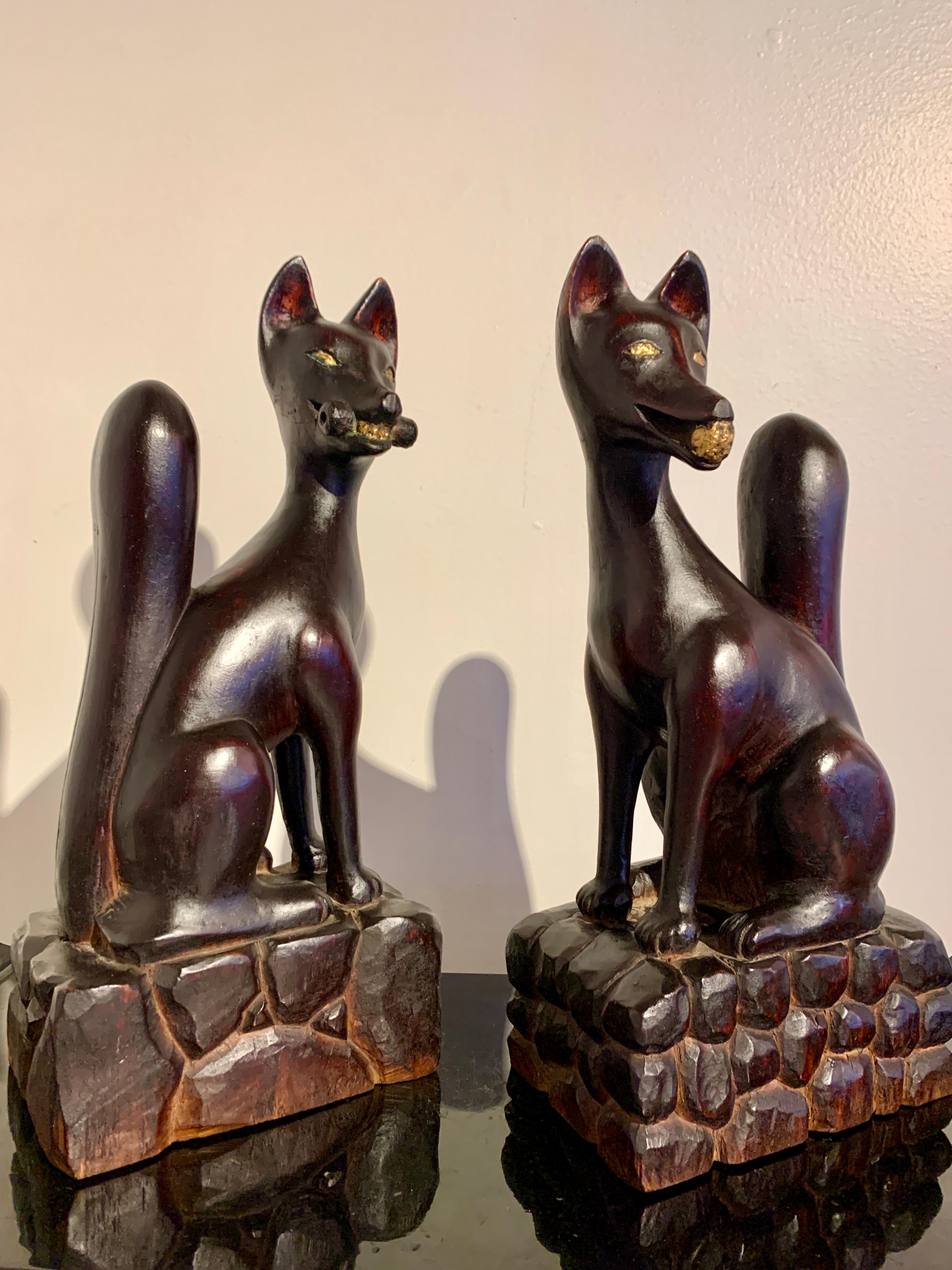 Hand-Carved Pair Japanese Carved and Lacquered Inari Foxes, Showa Era, Dated 1951, Japan For Sale