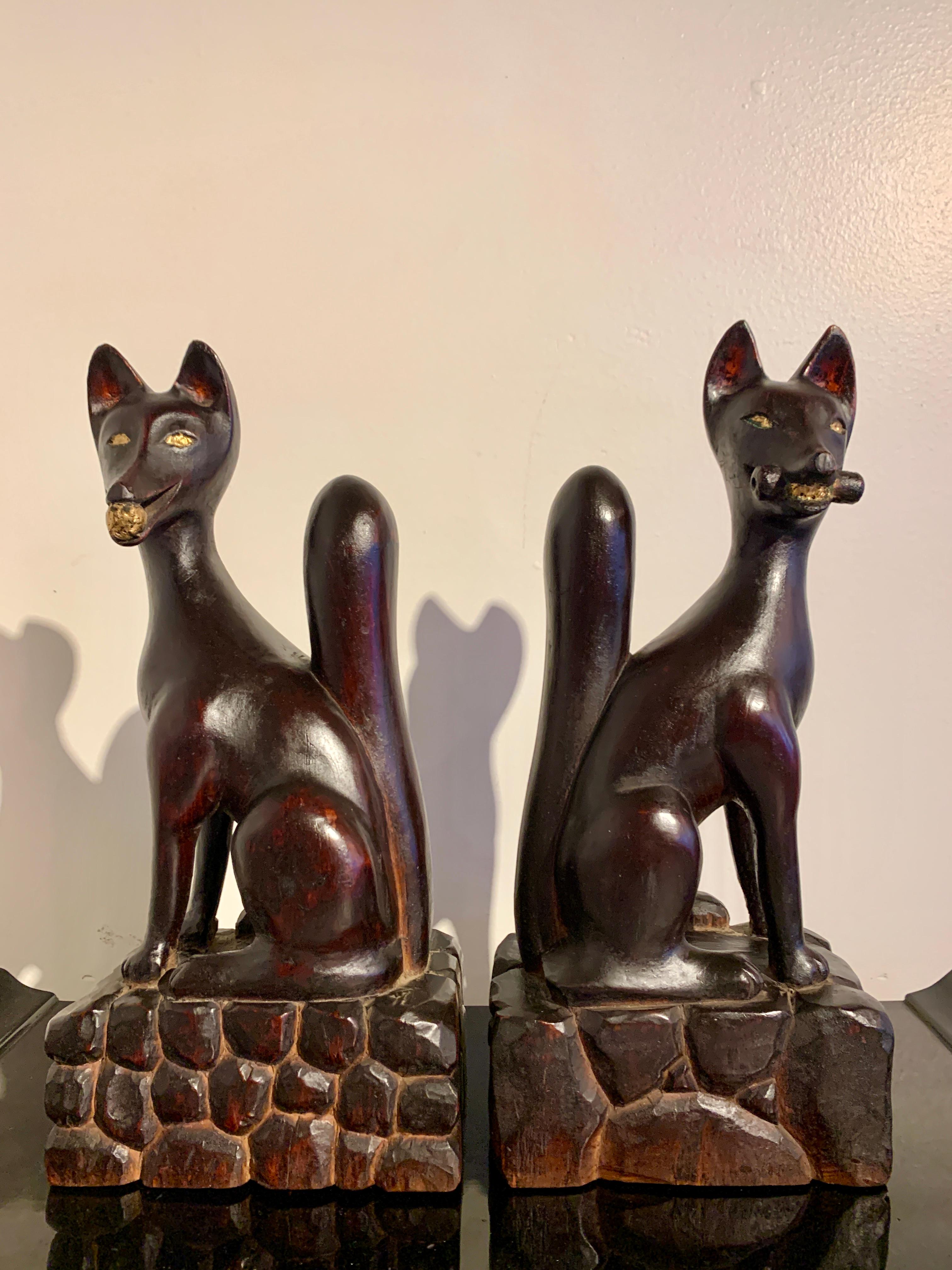 Pair Japanese Carved and Lacquered Inari Foxes, Showa Era, Dated 1951, Japan In Fair Condition For Sale In Austin, TX