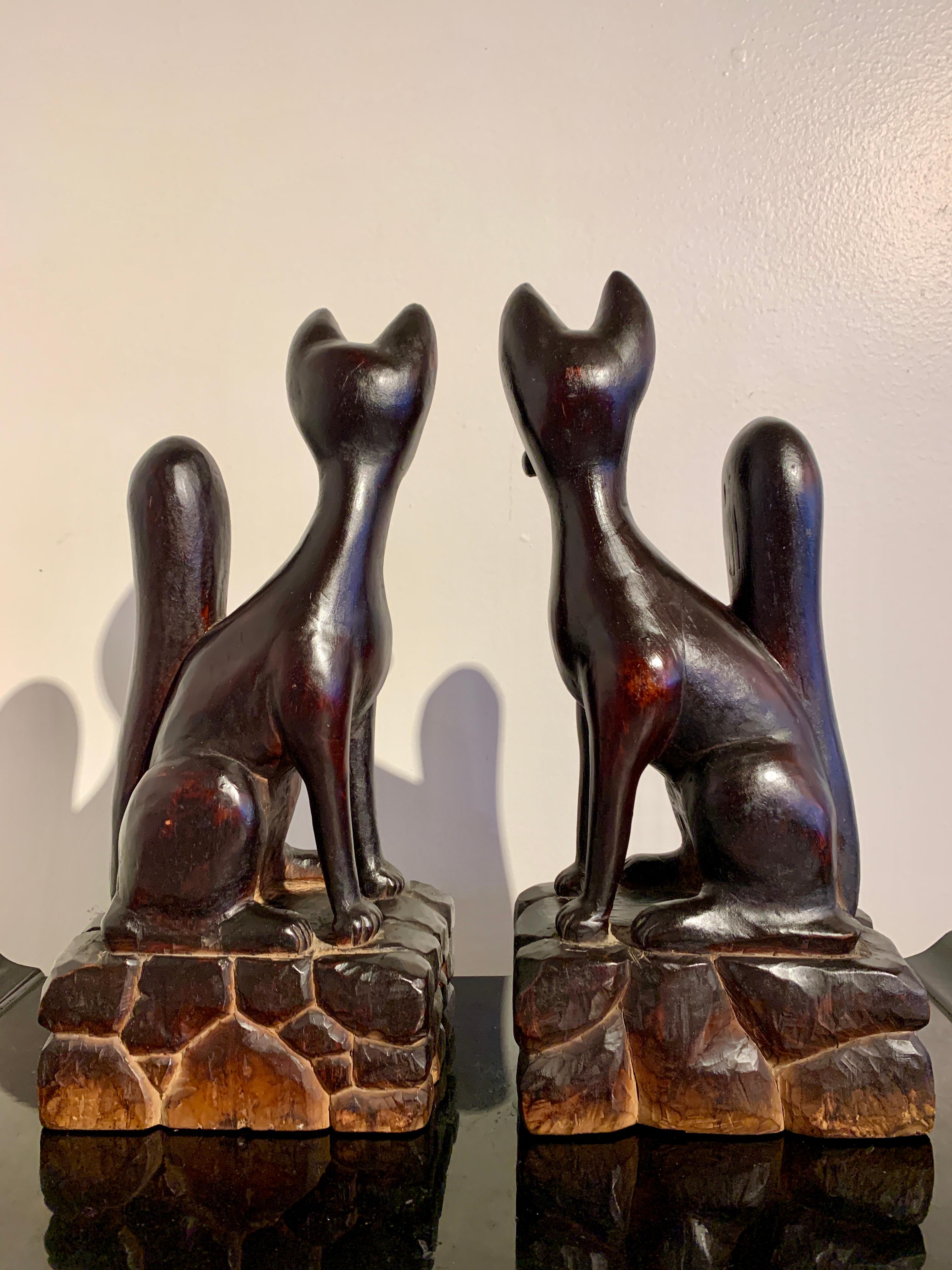 Elm Pair Japanese Carved and Lacquered Inari Foxes, Showa Era, Dated 1951, Japan For Sale