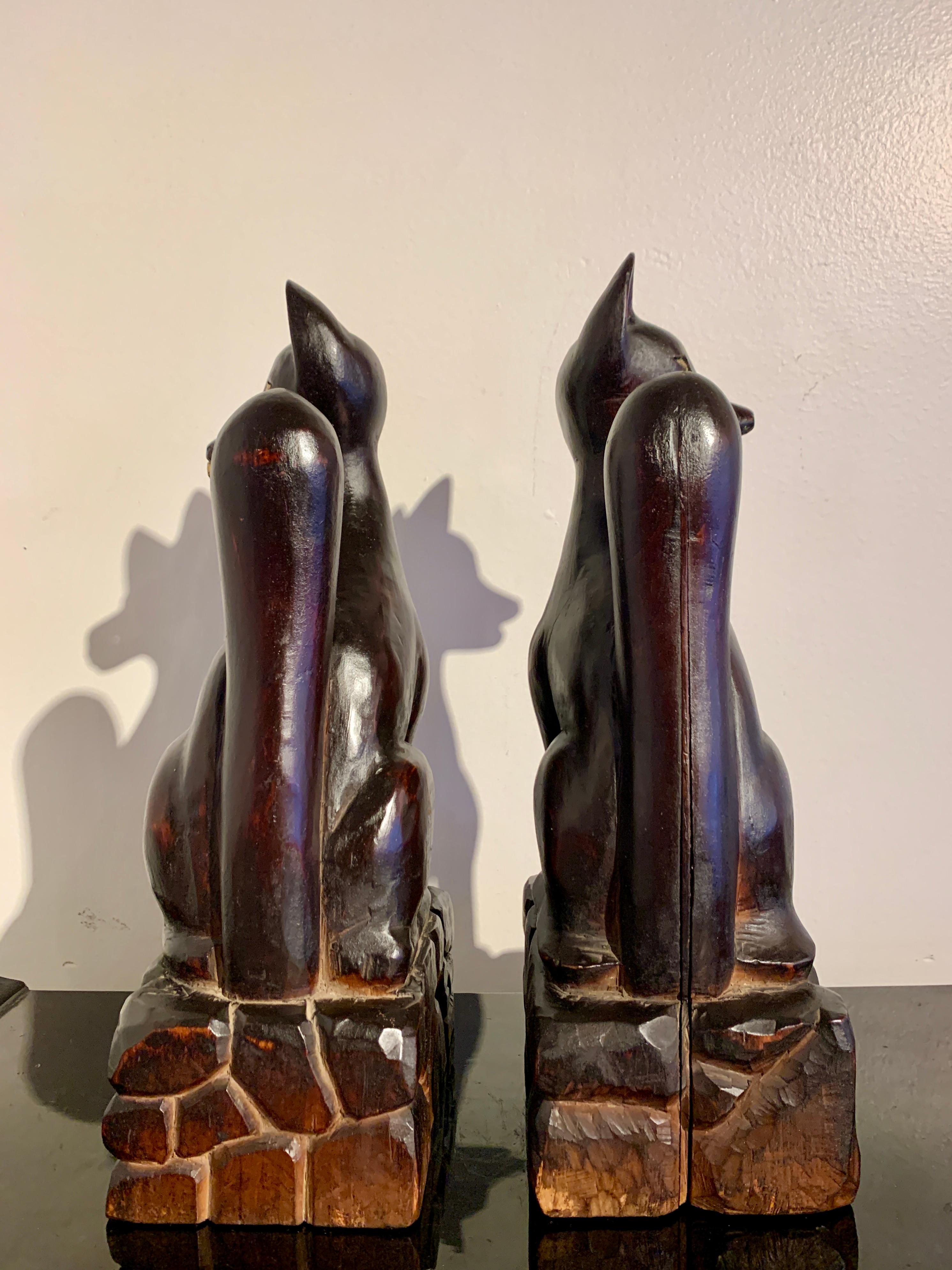 Pair Japanese Carved and Lacquered Inari Foxes, Showa Era, Dated 1951, Japan For Sale 1