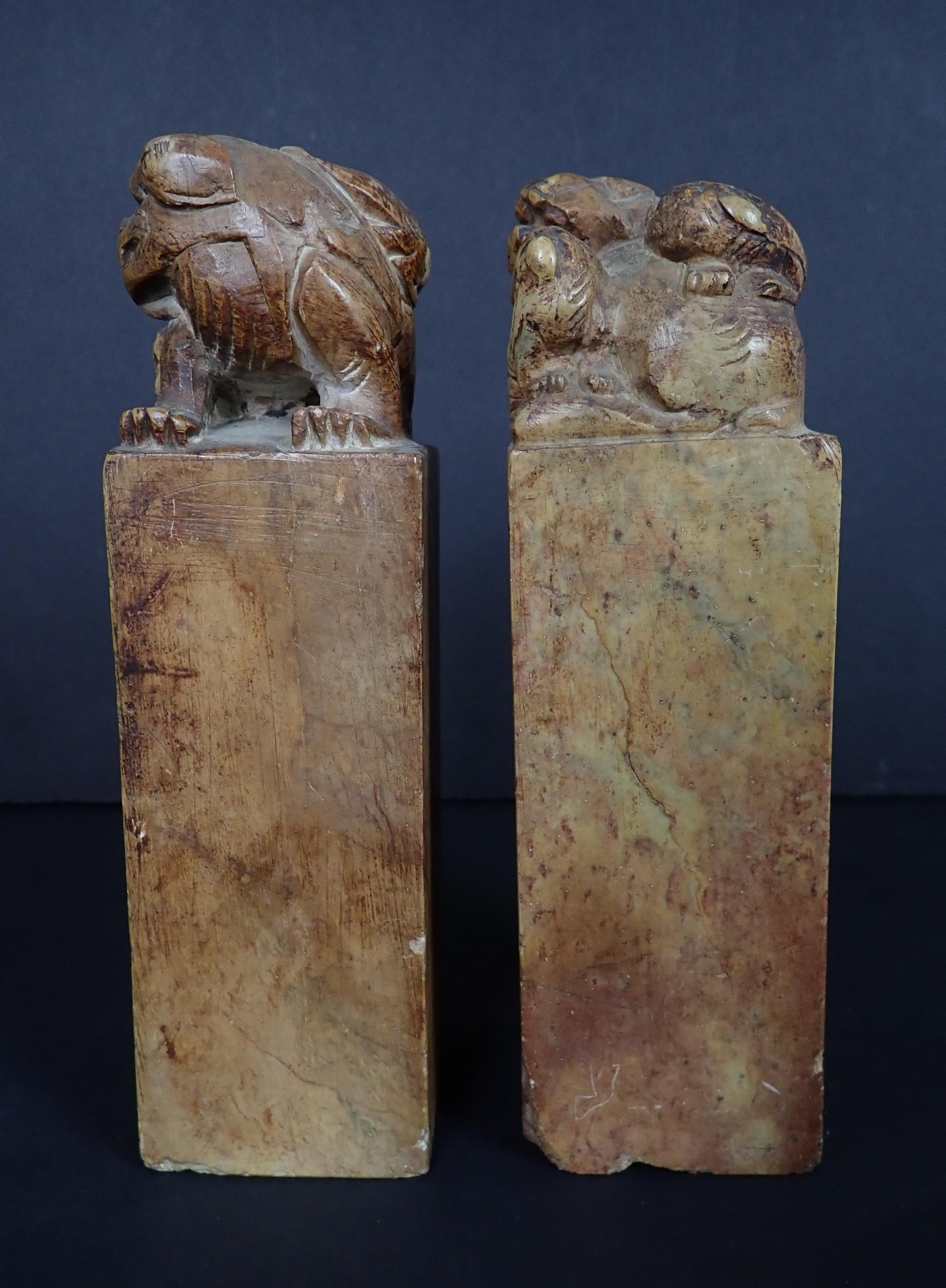 Chinese Export Pair of Carved Stone Foo Dog Chop Seals For Sale