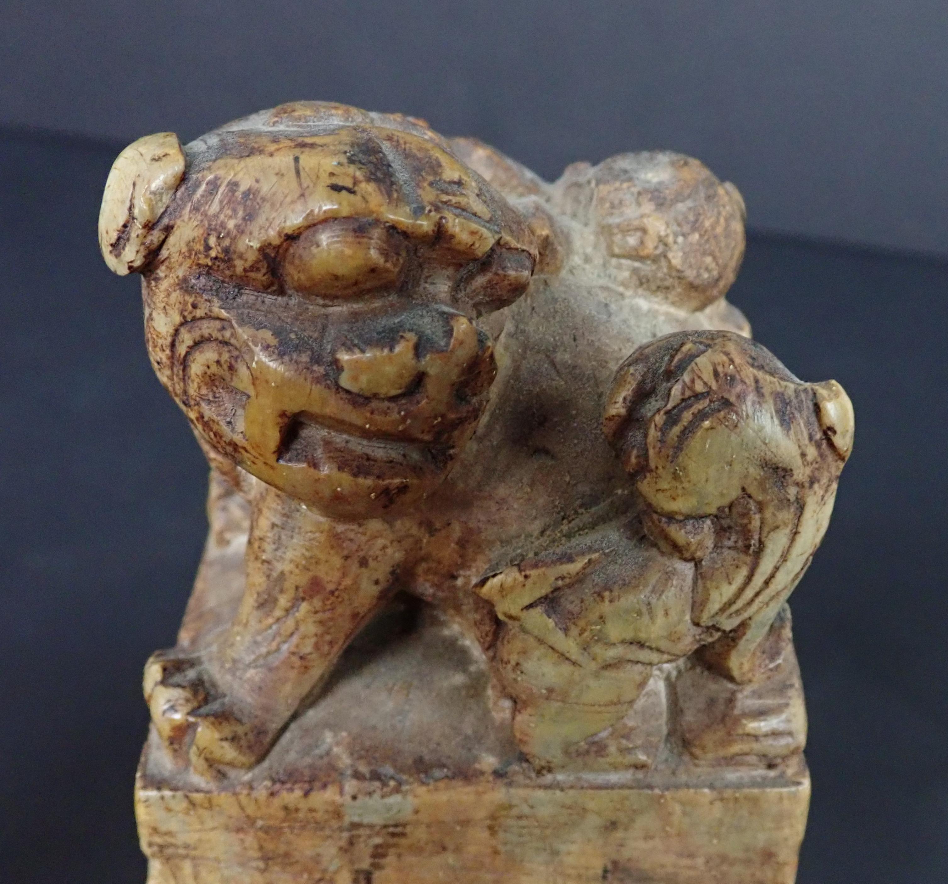 Soapstone Pair of Carved Stone Foo Dog Chop Seals For Sale