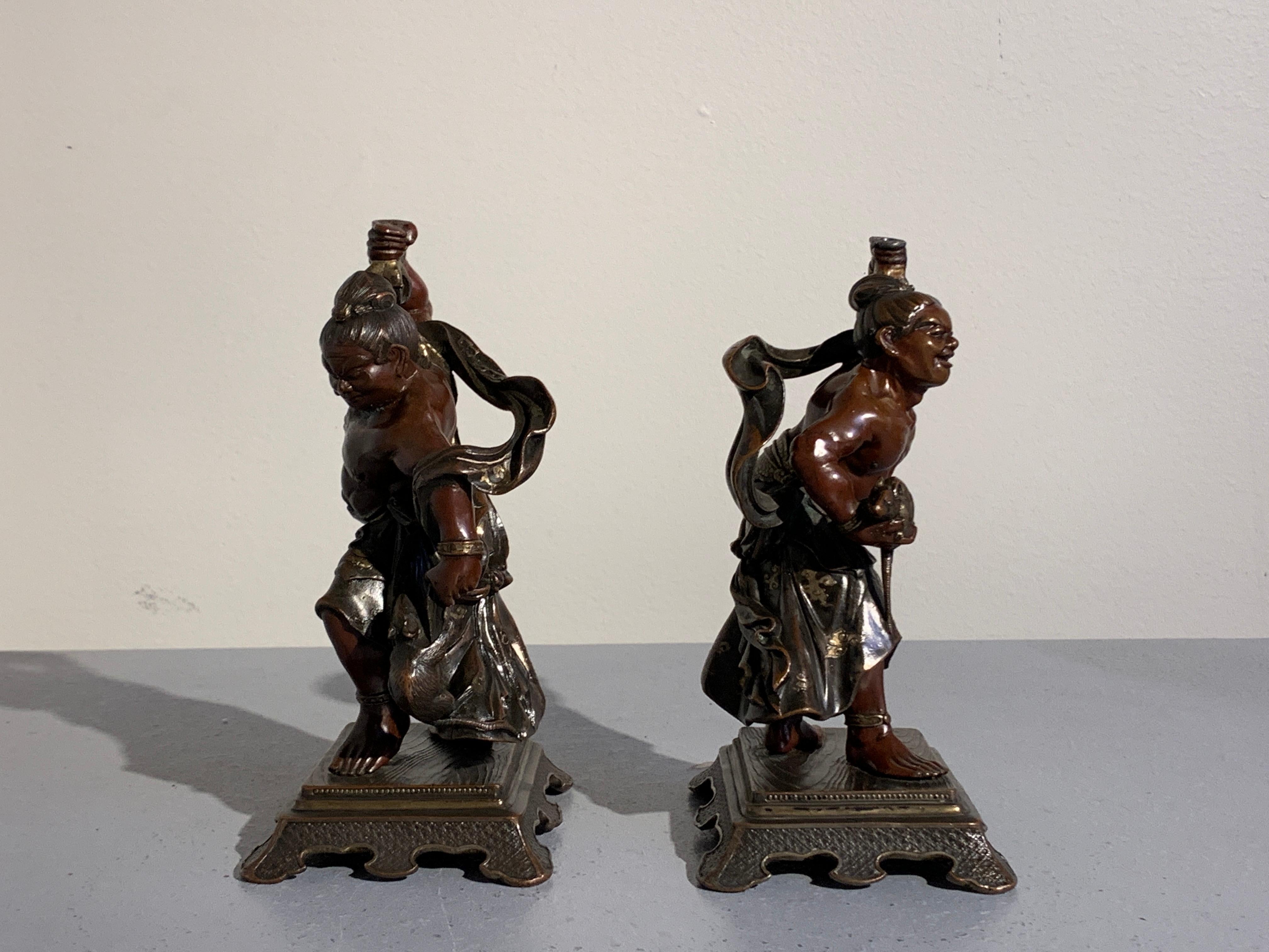 Pair of Japanese Cast Bronze Figures of Niō, Meiji Period, Late 19th Century In Fair Condition For Sale In Austin, TX