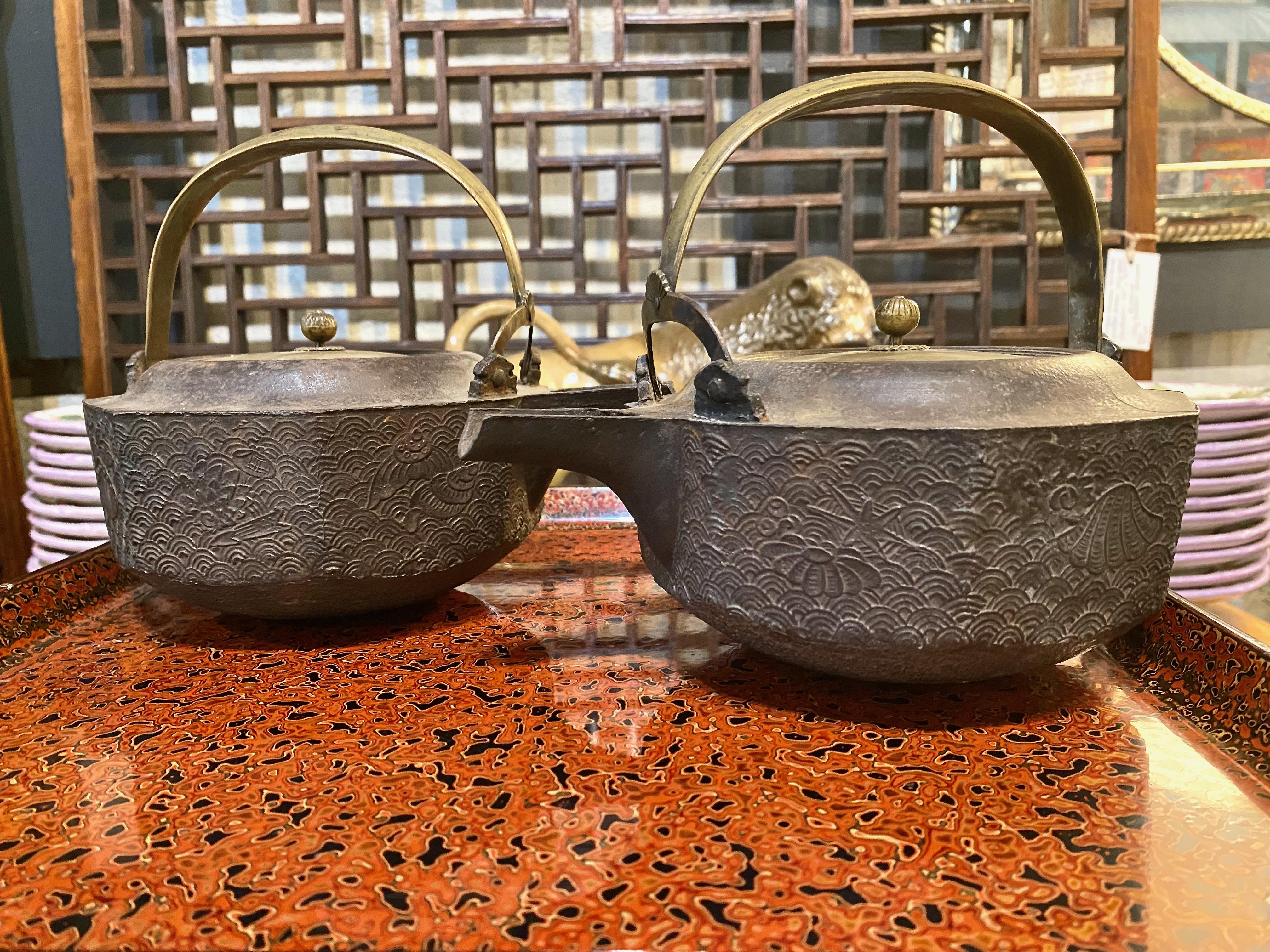 This is a wonderful pair of 19th century Octagonal Choshi or Sake Ewers that was created during the late Edo or Meiji Period. The Choshi are composed of an Octagonal finely cast iron kettle with and open end spout which differentiates them from the