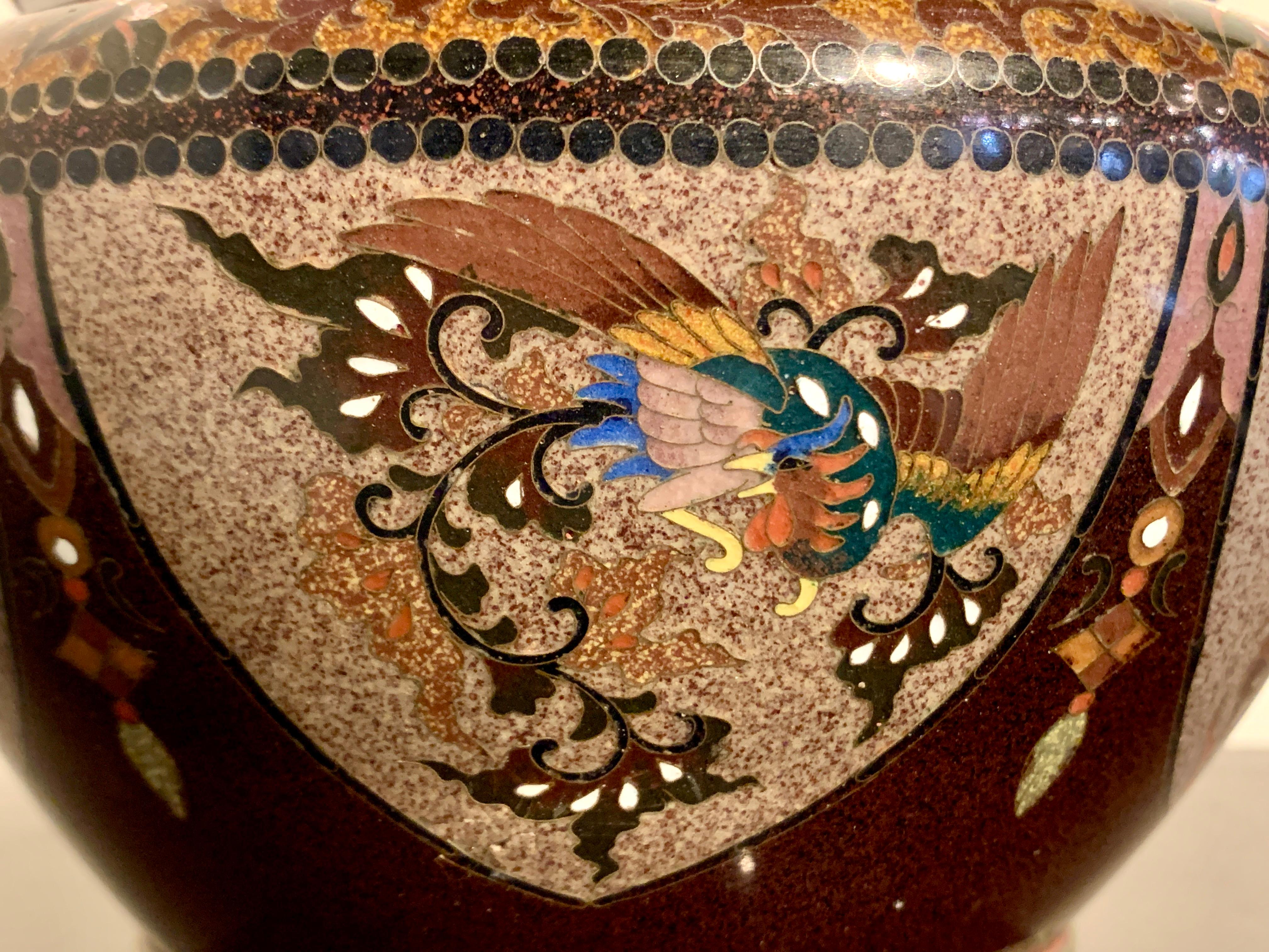 Pair Japanese Cloisonne Dragon and Phoenix Jardinieres, Meiji Period For Sale 4