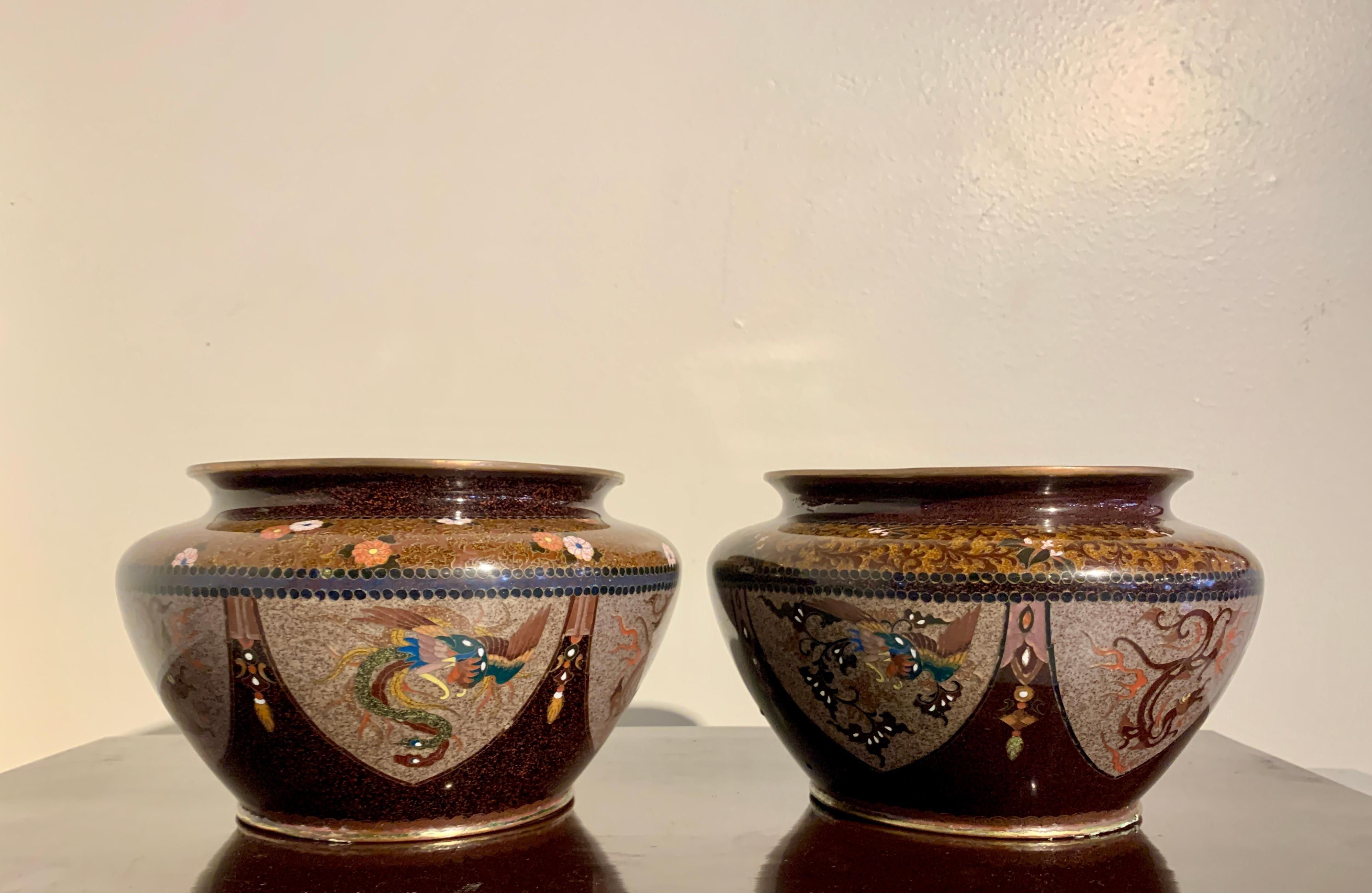 Pair Japanese Cloisonne Dragon and Phoenix Jardinieres, Meiji Period In Good Condition For Sale In Austin, TX