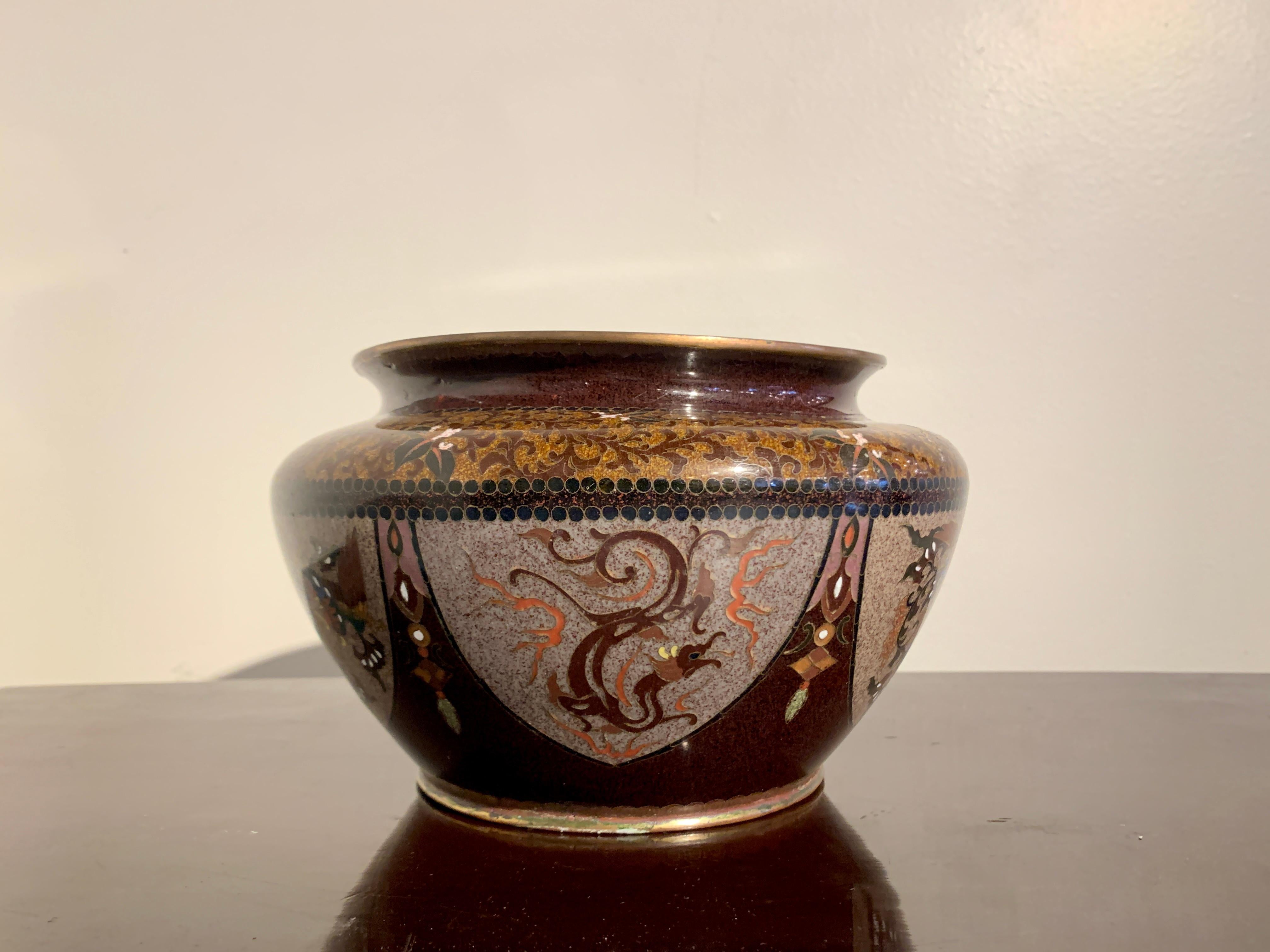 Copper Pair Japanese Cloisonne Dragon and Phoenix Jardinieres, Meiji Period For Sale
