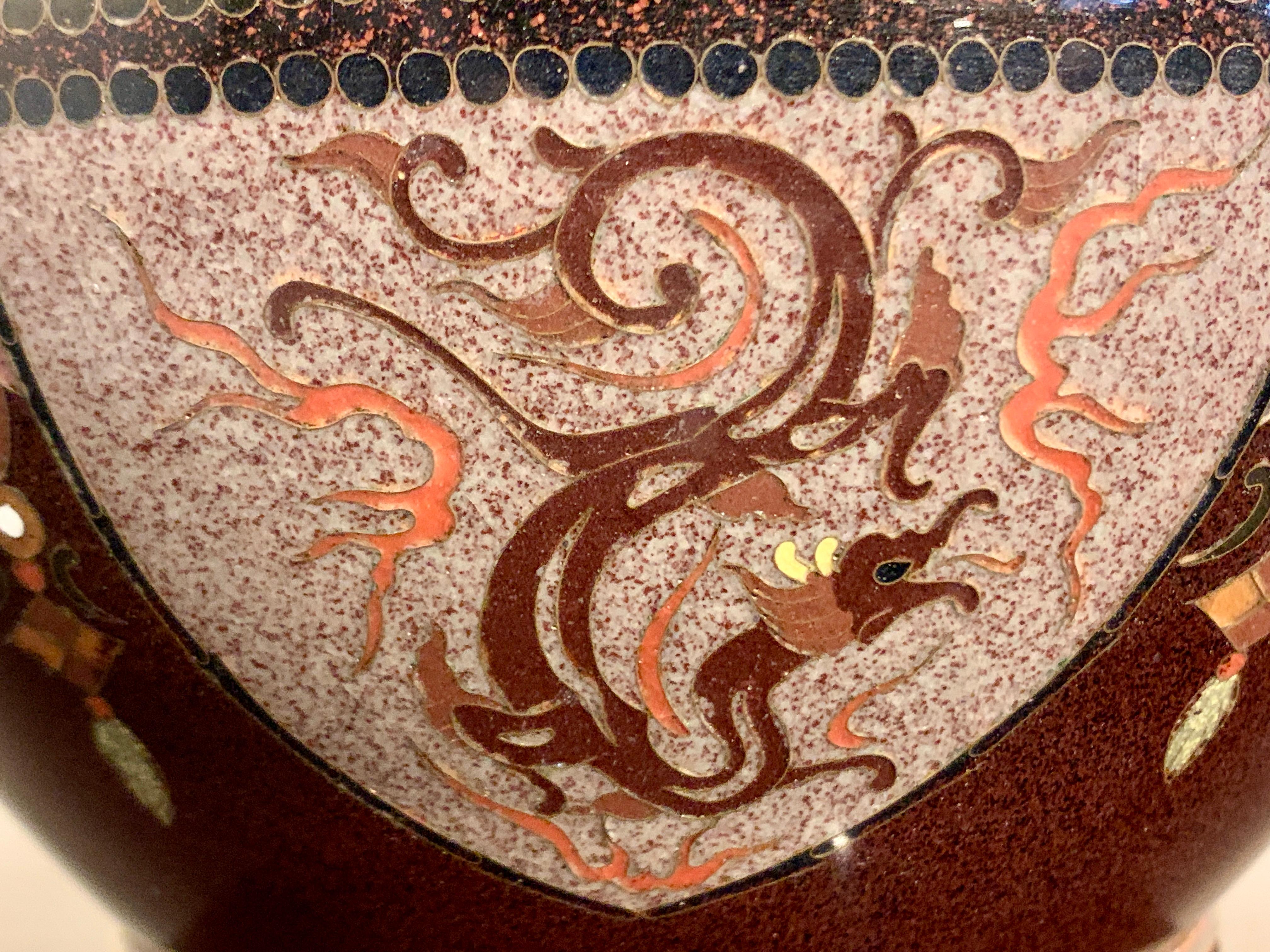 Pair Japanese Cloisonne Dragon and Phoenix Jardinieres, Meiji Period For Sale 1