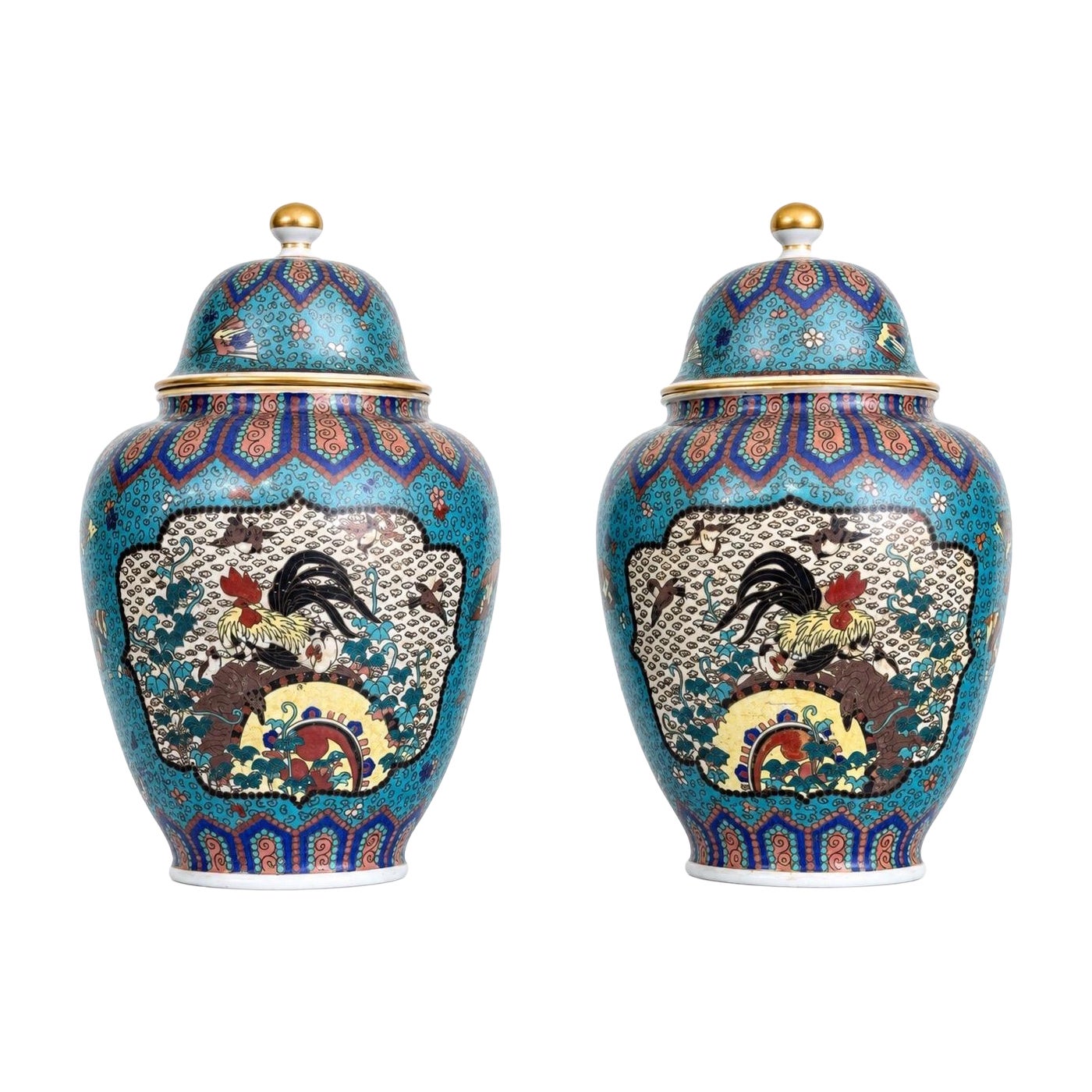 Pair Japanese Cloisonne Enamel Porcelain Covered Jars Roosters & Phoenix Birds For Sale
