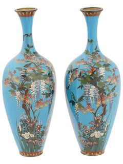 Pair Japanese Cloisonne Enamel Vases Meiji Signed Turquoise Ground