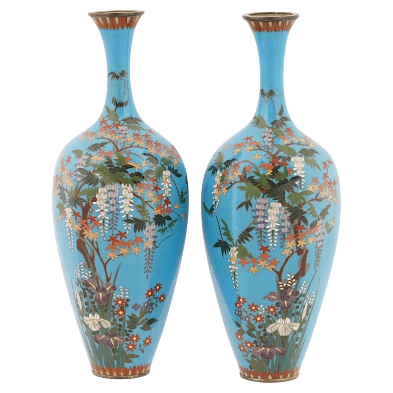 Coppia di vasi giapponesi in smalto cloisonne Meiji firmati con fondo turchese