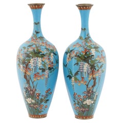 Pair Japanese Cloisonne Enamel Vases Meiji Signed Turquoise Ground