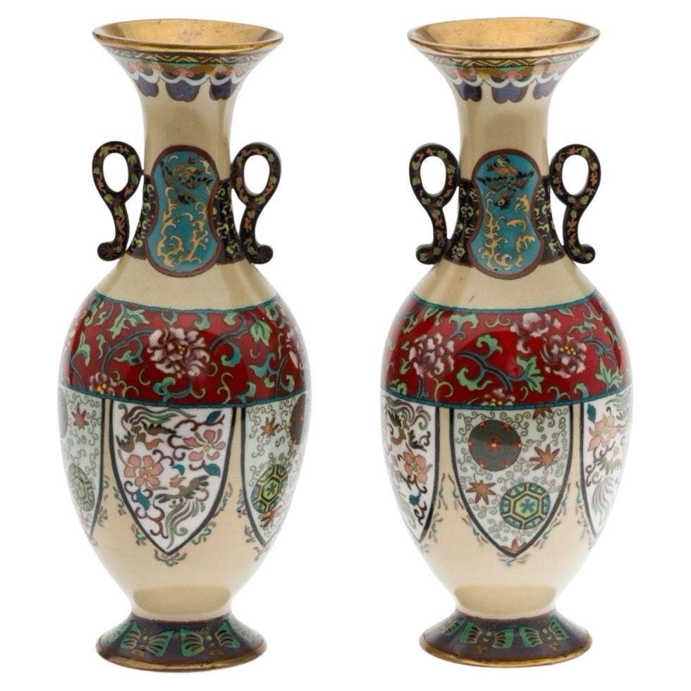 Pair Japanese Cloisonne Enamel Vases with Phoenix Panels Meiji Period