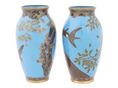 Pair Japanese Cloisonne Owls Hawks Maple on Turquoise Blue Enamel Vases Goto