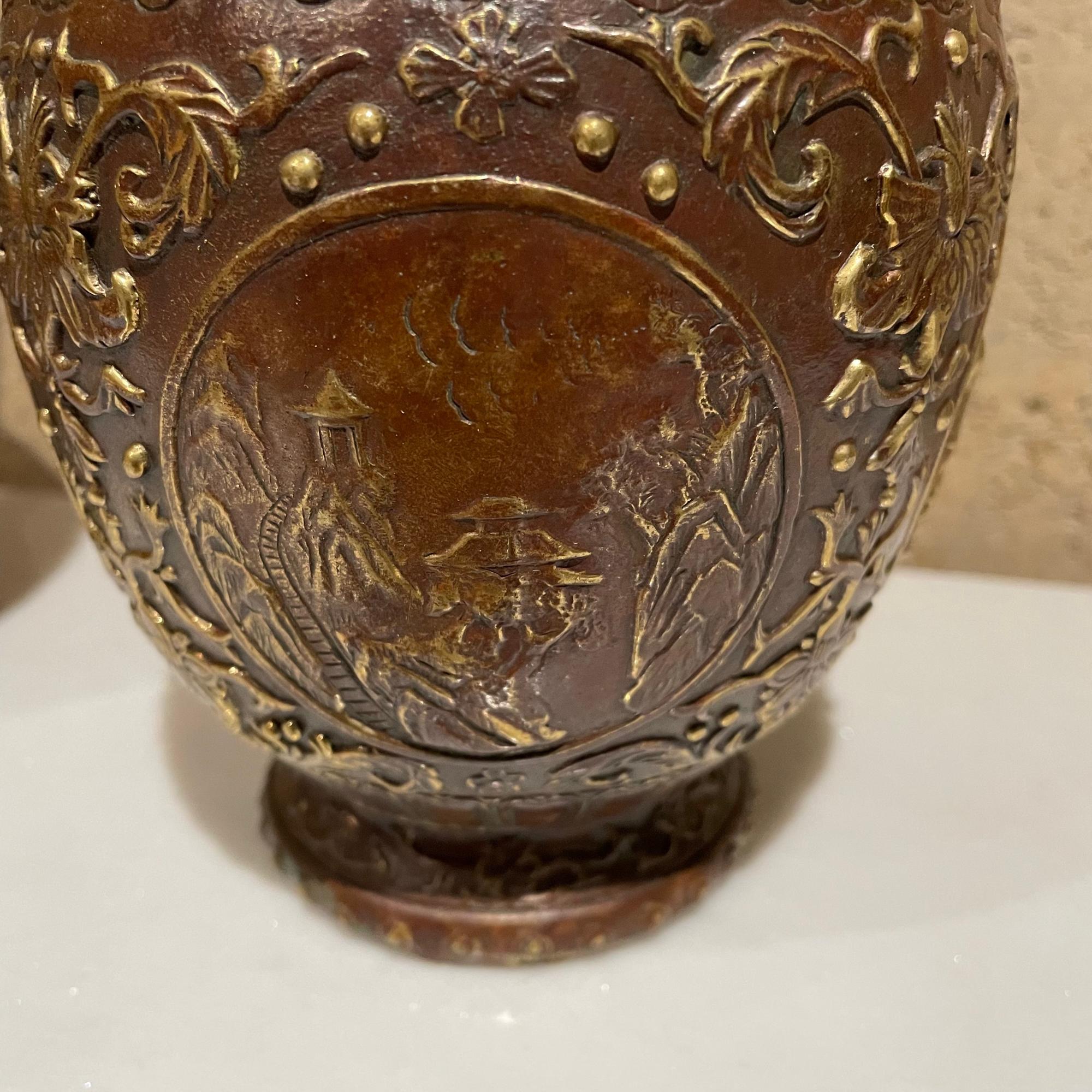 Pair Japanese Cloisonne Urns in Bronze Figural Relief Meiji Period JAPAN 6