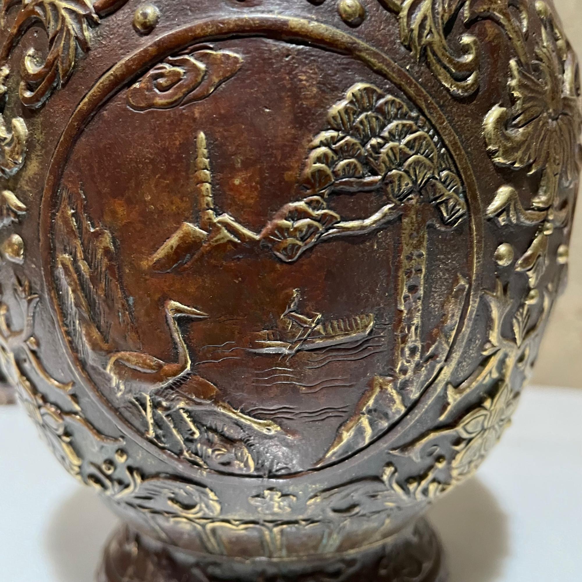 Pair Japanese Cloisonne Urns in Bronze Figural Relief Meiji Period JAPAN 10