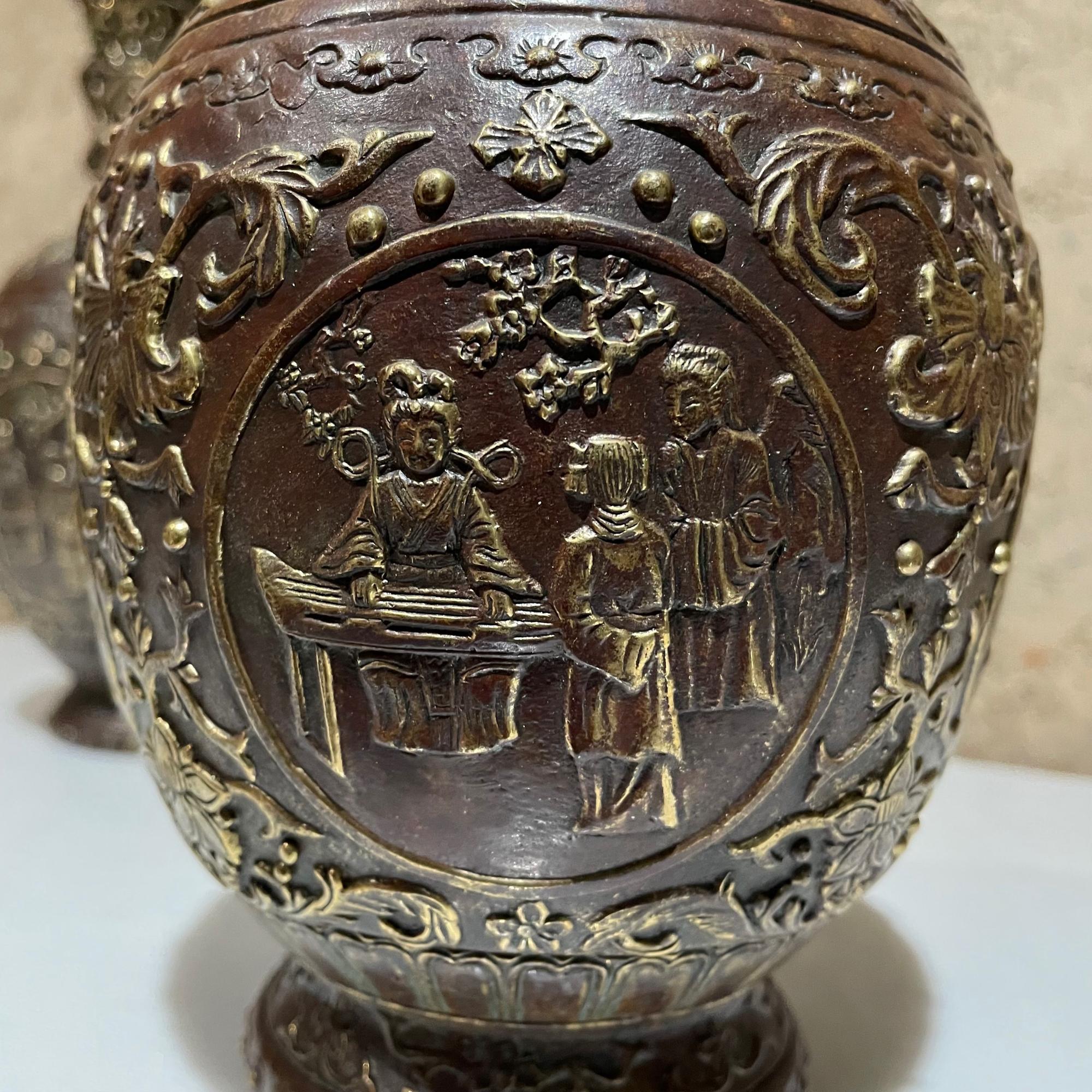 Pair Japanese Cloisonne Urns in Bronze Figural Relief Meiji Period JAPAN 1