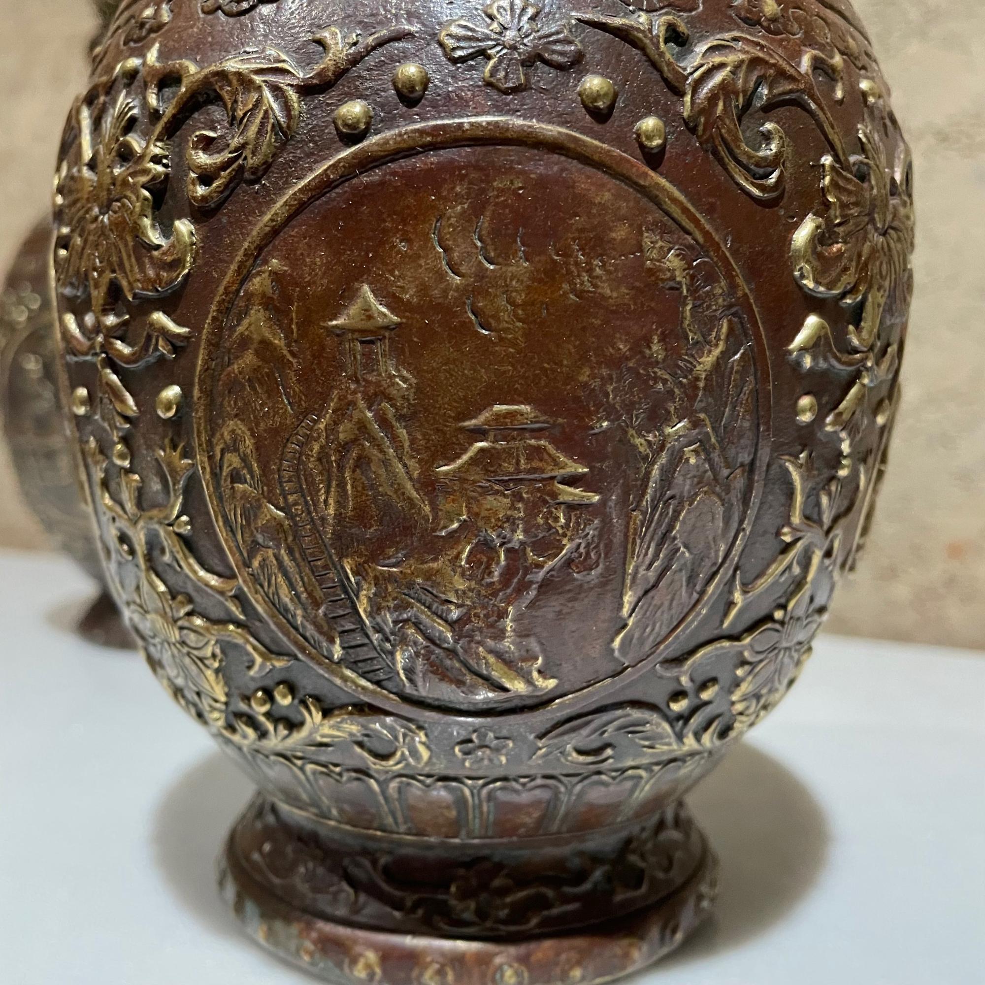 Pair Japanese Cloisonne Urns in Bronze Figural Relief Meiji Period JAPAN 11