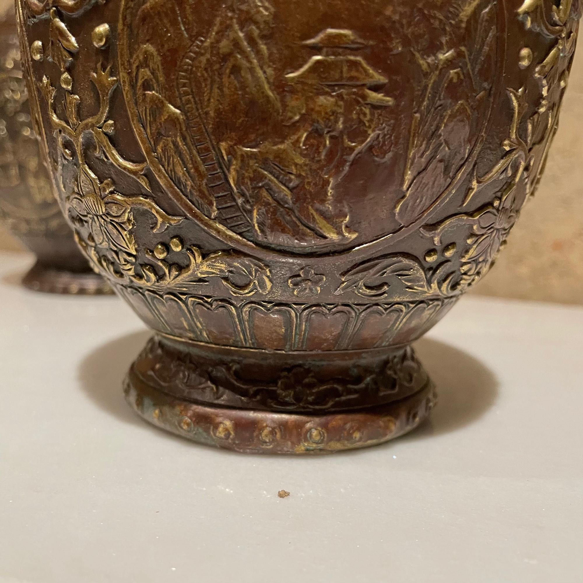 Pair Japanese Cloisonne Urns in Bronze Figural Relief Meiji Period JAPAN 12
