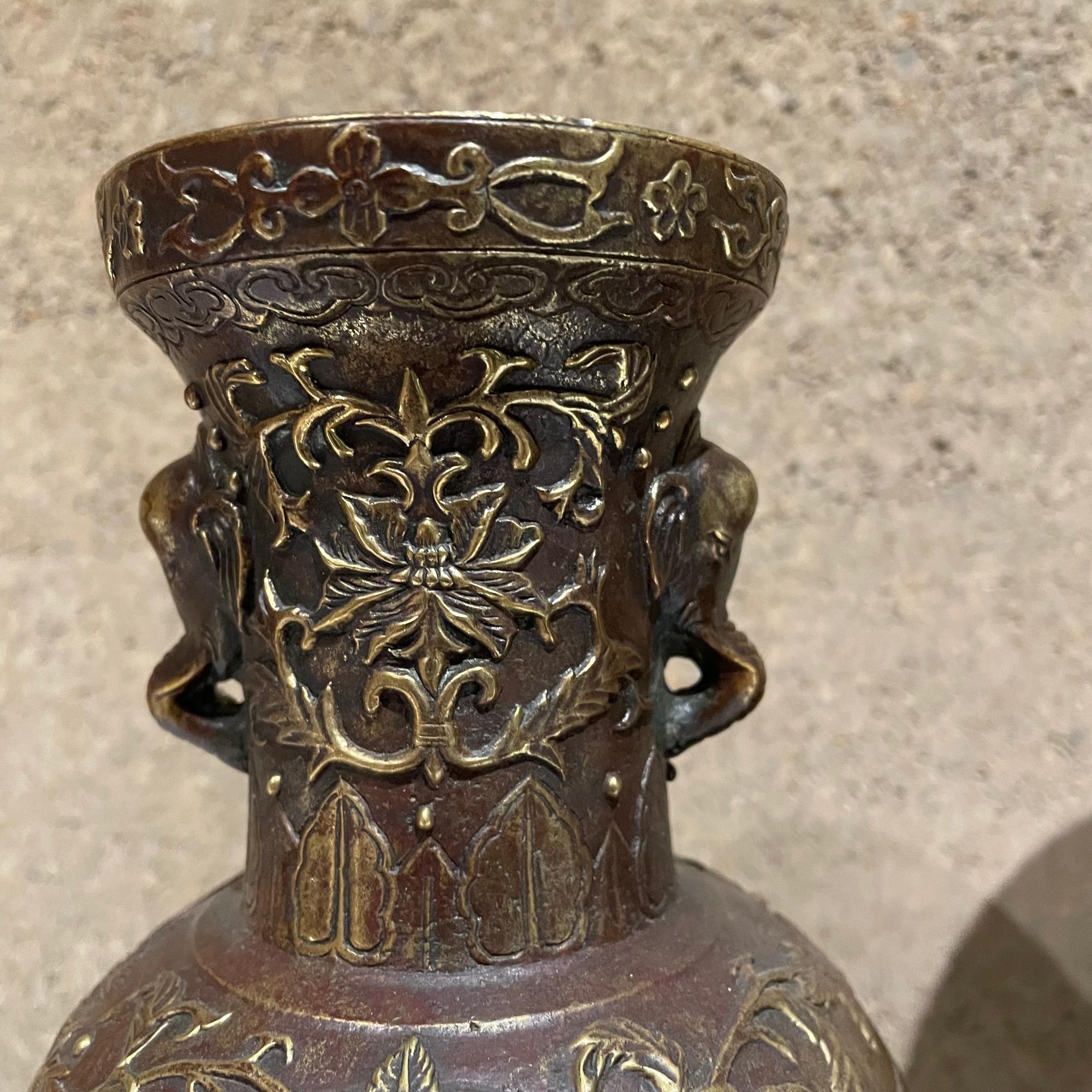 Pair Japanese Cloisonne Urns in Bronze Figural Relief Meiji Period JAPAN In Good Condition In Chula Vista, CA