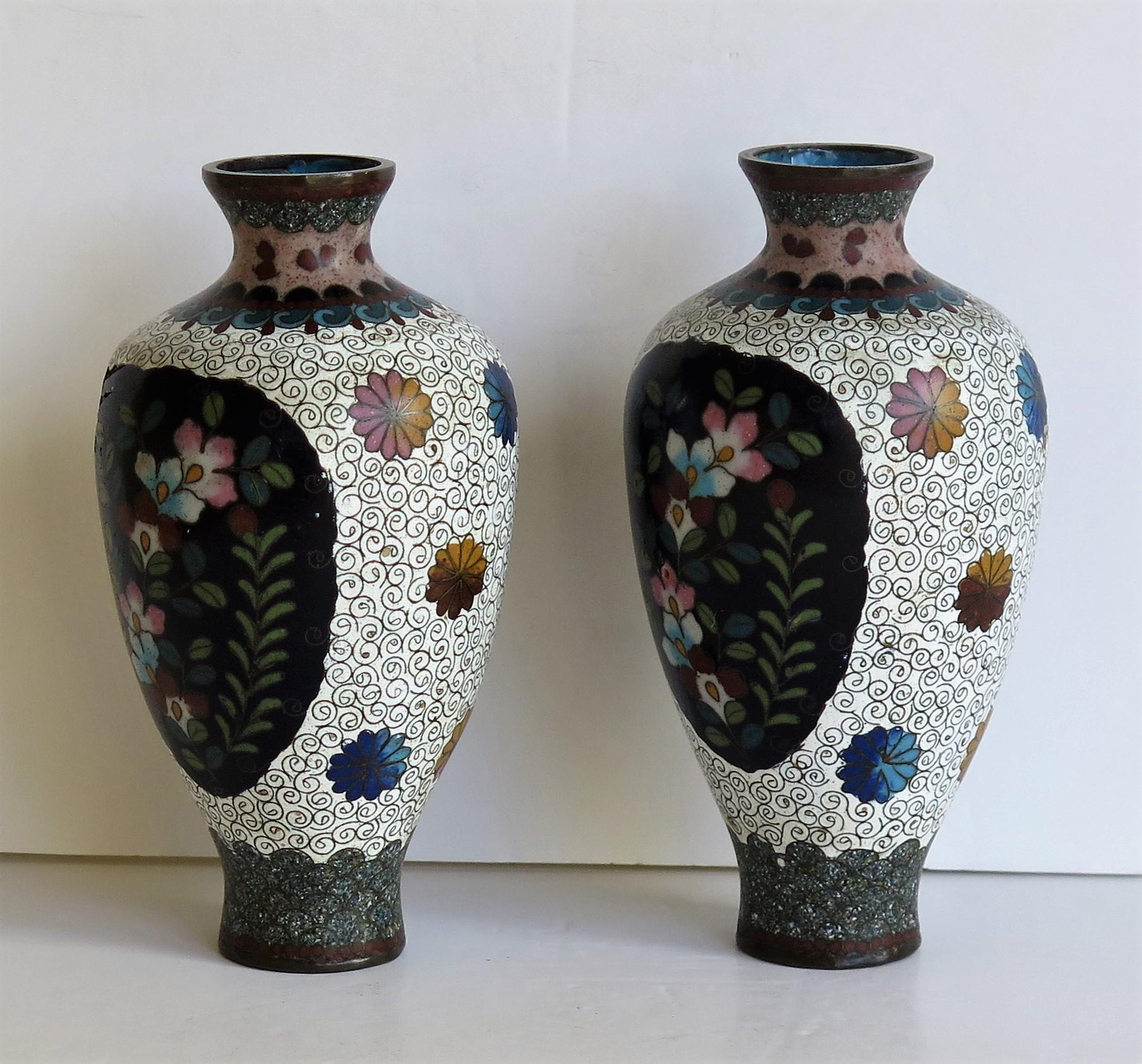 Ceramic Japanese Cloisonné Vases Butterflies & Flowers, 19th Century Meiji Period, Pair For Sale