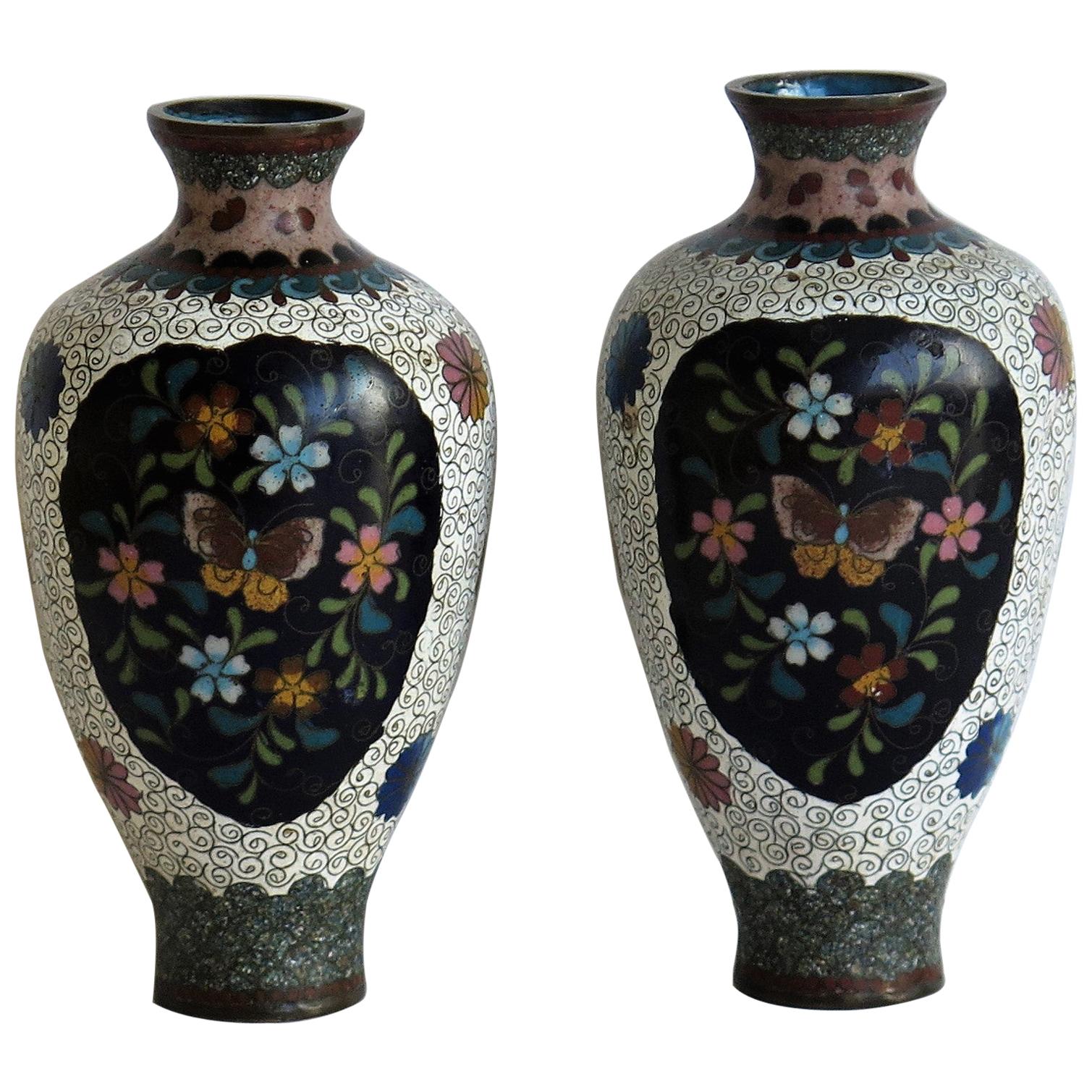 Japanese Cloisonné Vases Butterflies & Flowers, 19th Century Meiji Period, Pair