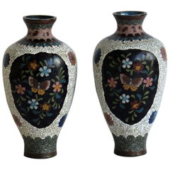 Antique Japanese Cloisonné Vases Butterflies & Flowers, 19th Century Meiji Period, Pair