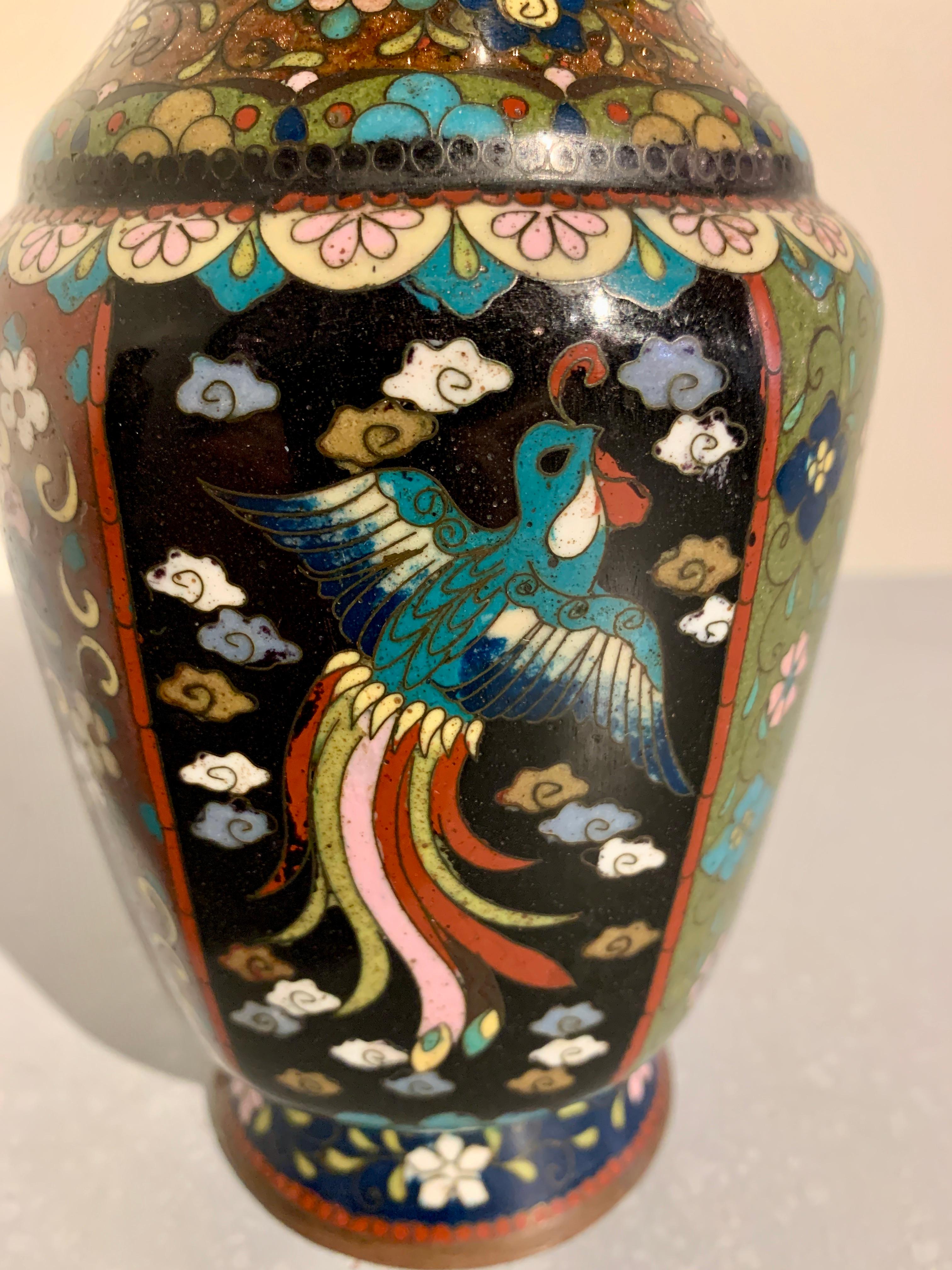 Brass Pair Japanese Cloisonne Vases, Meiji Period, Late 19th Century, Japan