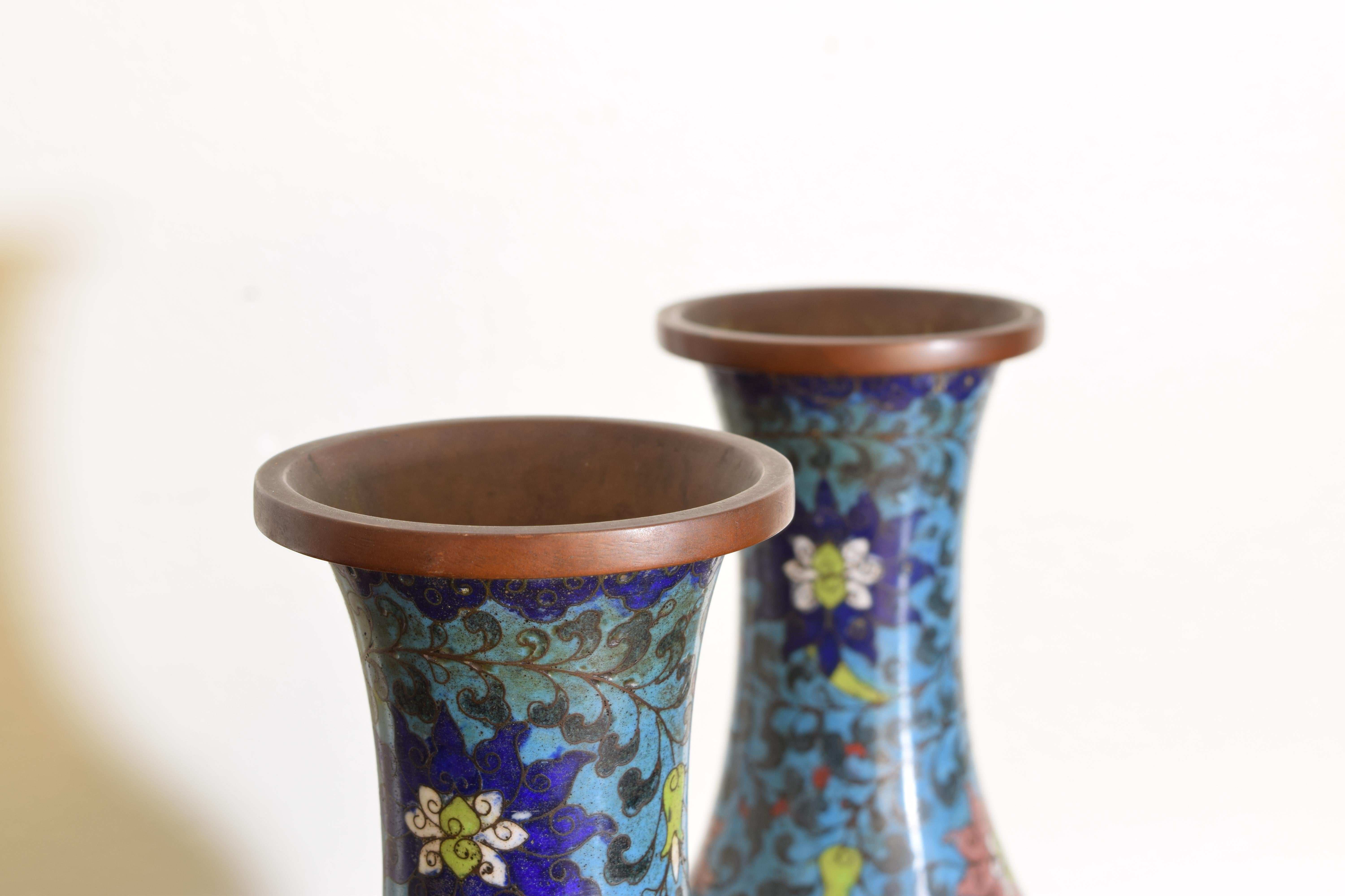 Late 19th Century Pair Japanese Cloisonné Vases with Unusual Bottom Decoration, 19th century For Sale