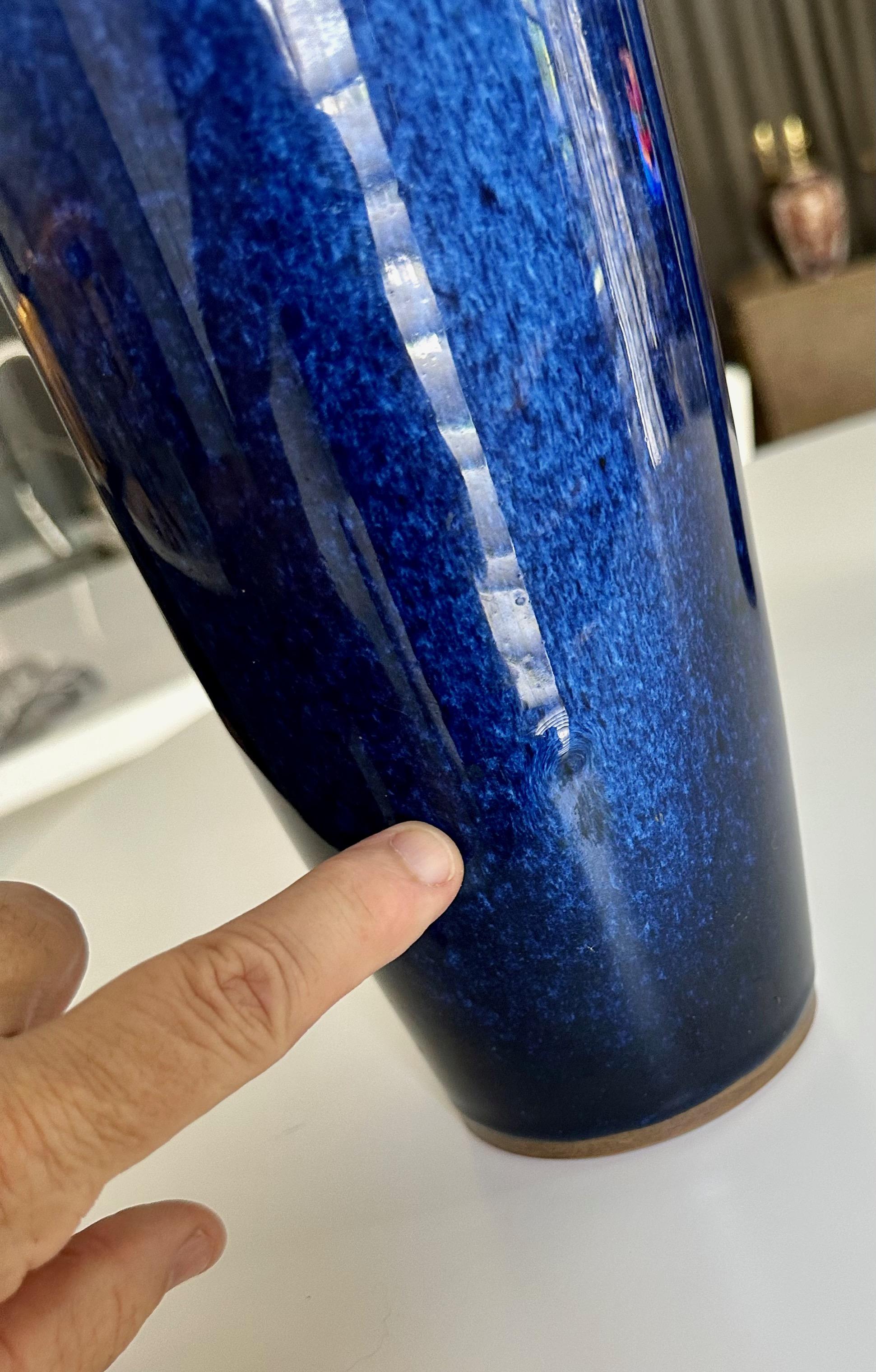 Pair Japanese Cobalt Blue Flambe Mottled Pottery Vases For Sale 7