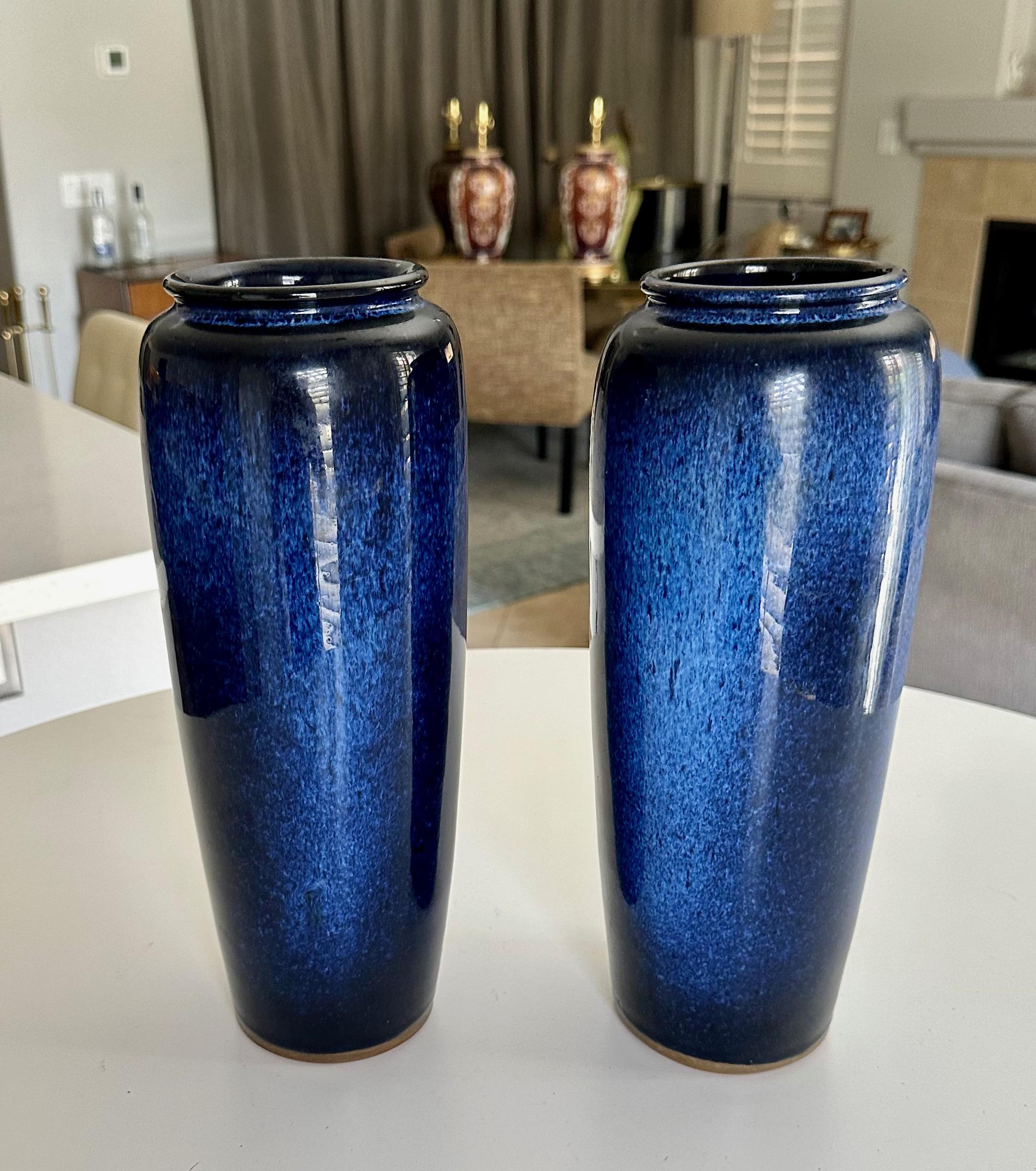 Pair Japanese Cobalt Blue Flambe Mottled Pottery Vases For Sale 9