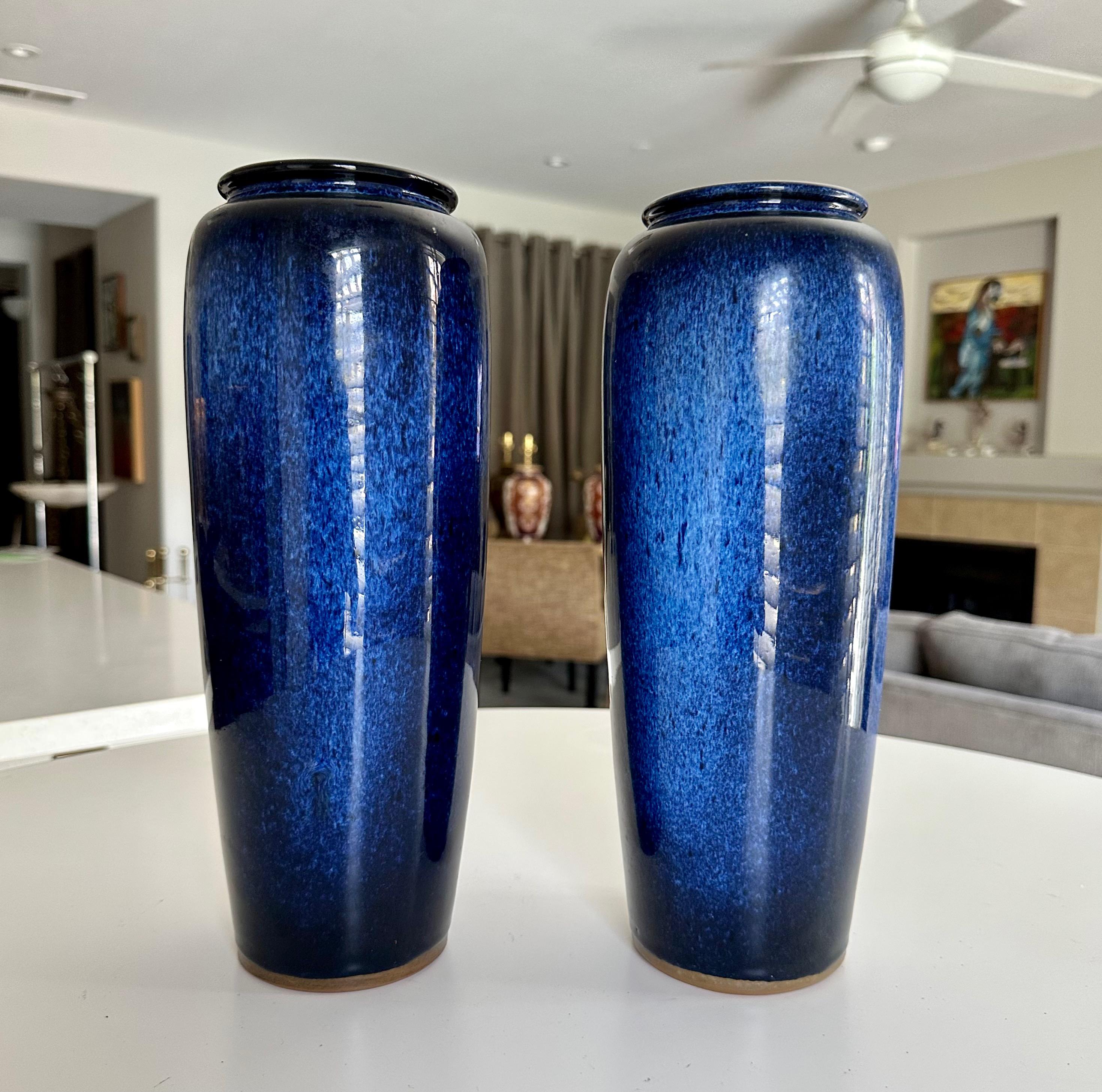 Pair Japanese Cobalt Blue Flambe Mottled Pottery Vases In Good Condition For Sale In Palm Springs, CA