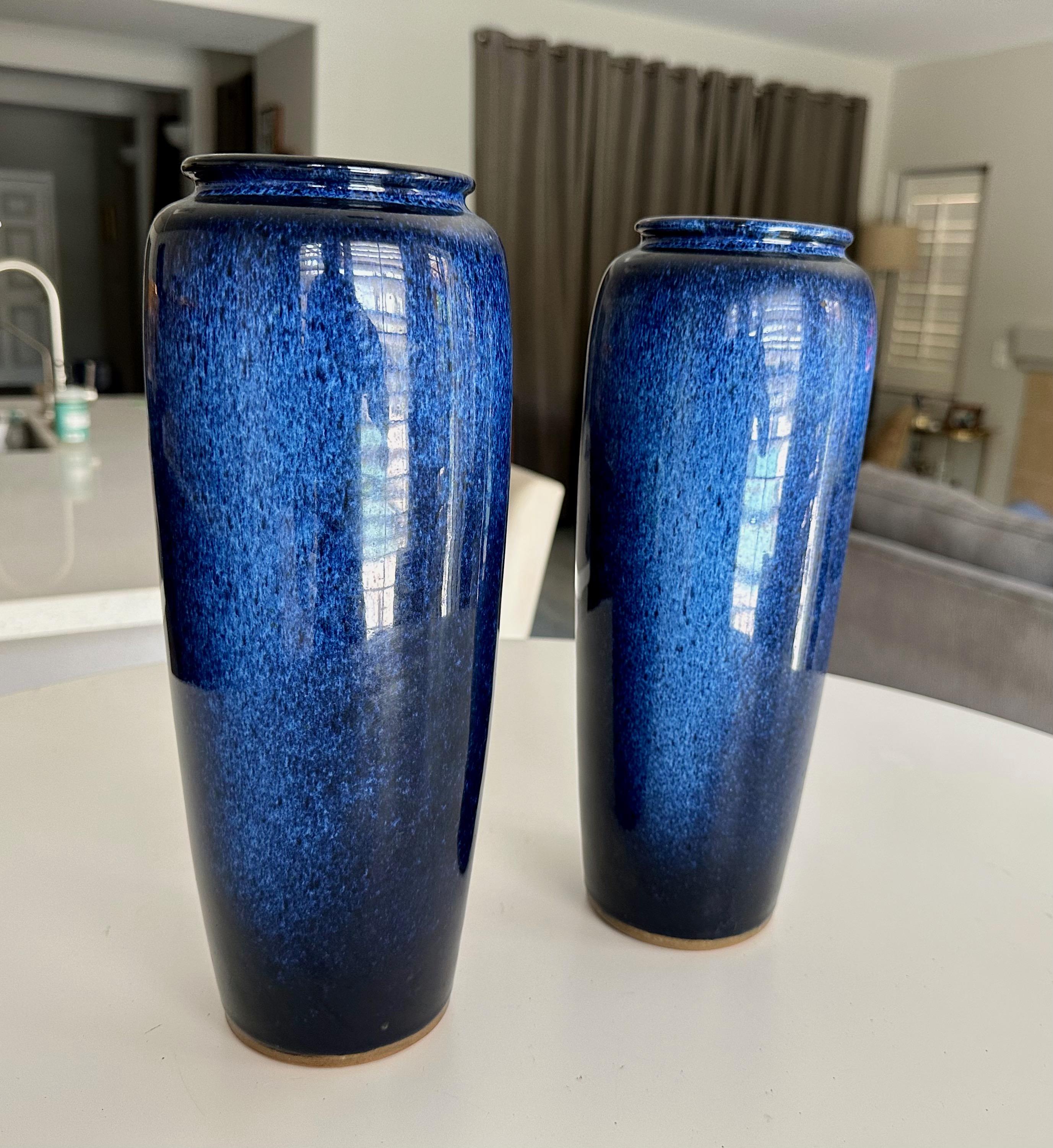 Pair Japanese Cobalt Blue Flambe Mottled Pottery Vases In Good Condition For Sale In Palm Springs, CA