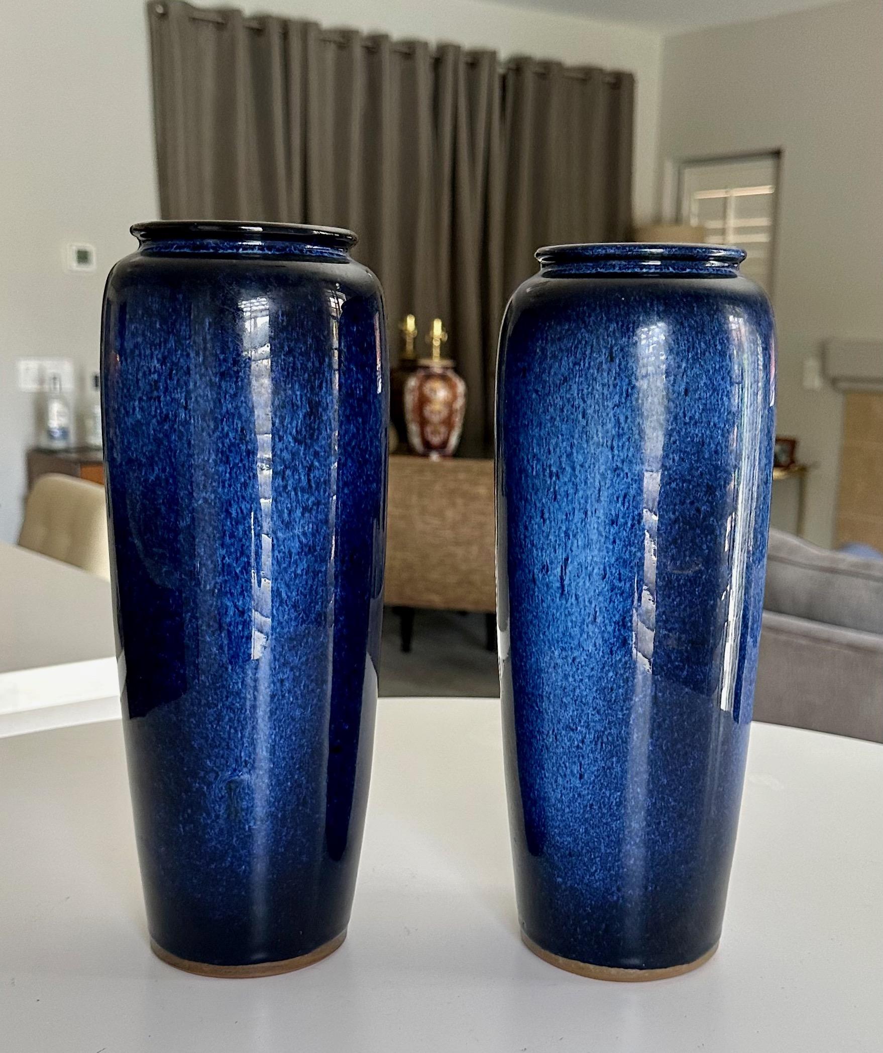 Late 20th Century Pair Japanese Cobalt Blue Flambe Mottled Pottery Vases For Sale
