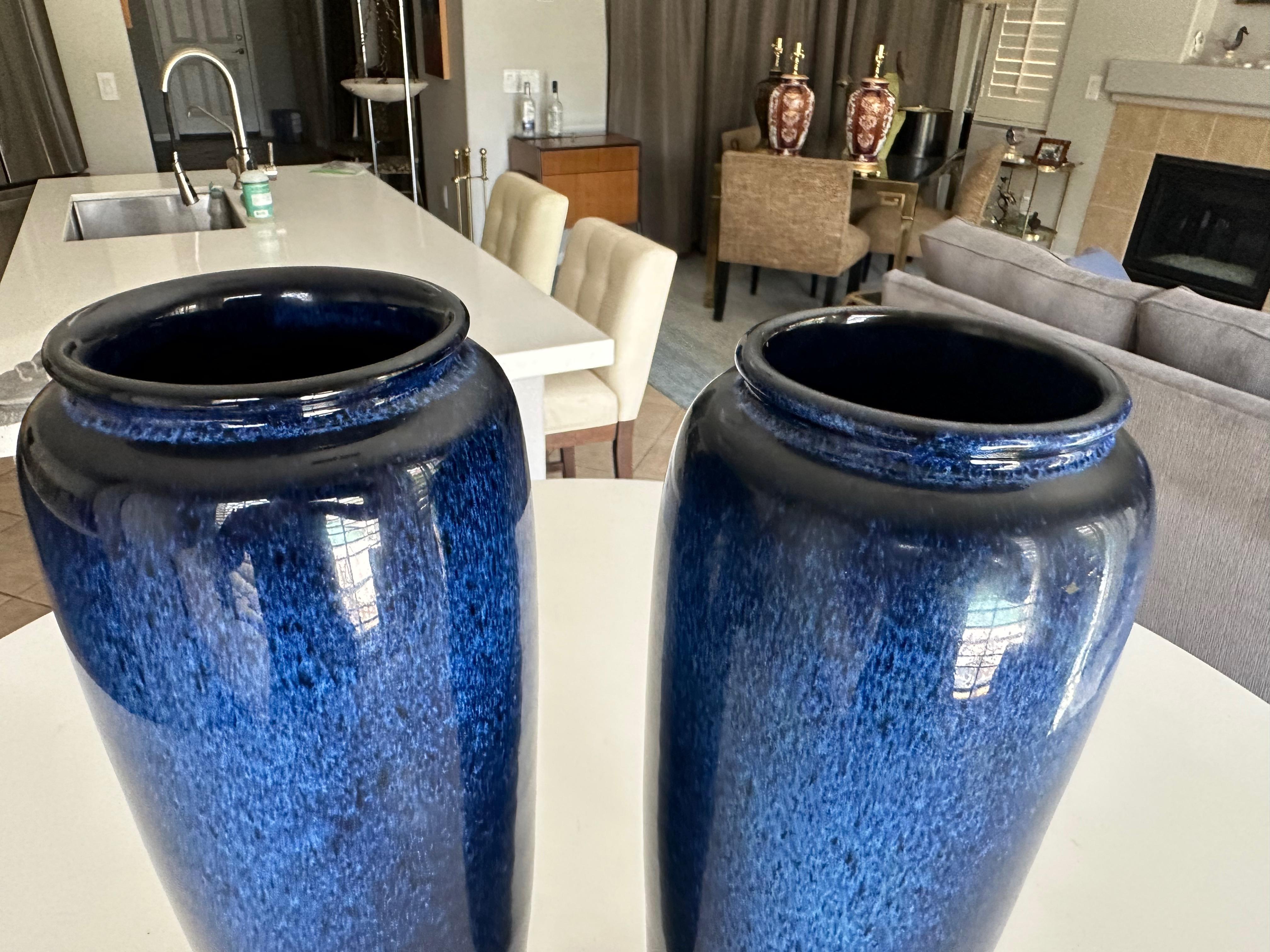 Pair Japanese Cobalt Blue Flambe Mottled Pottery Vases For Sale 1