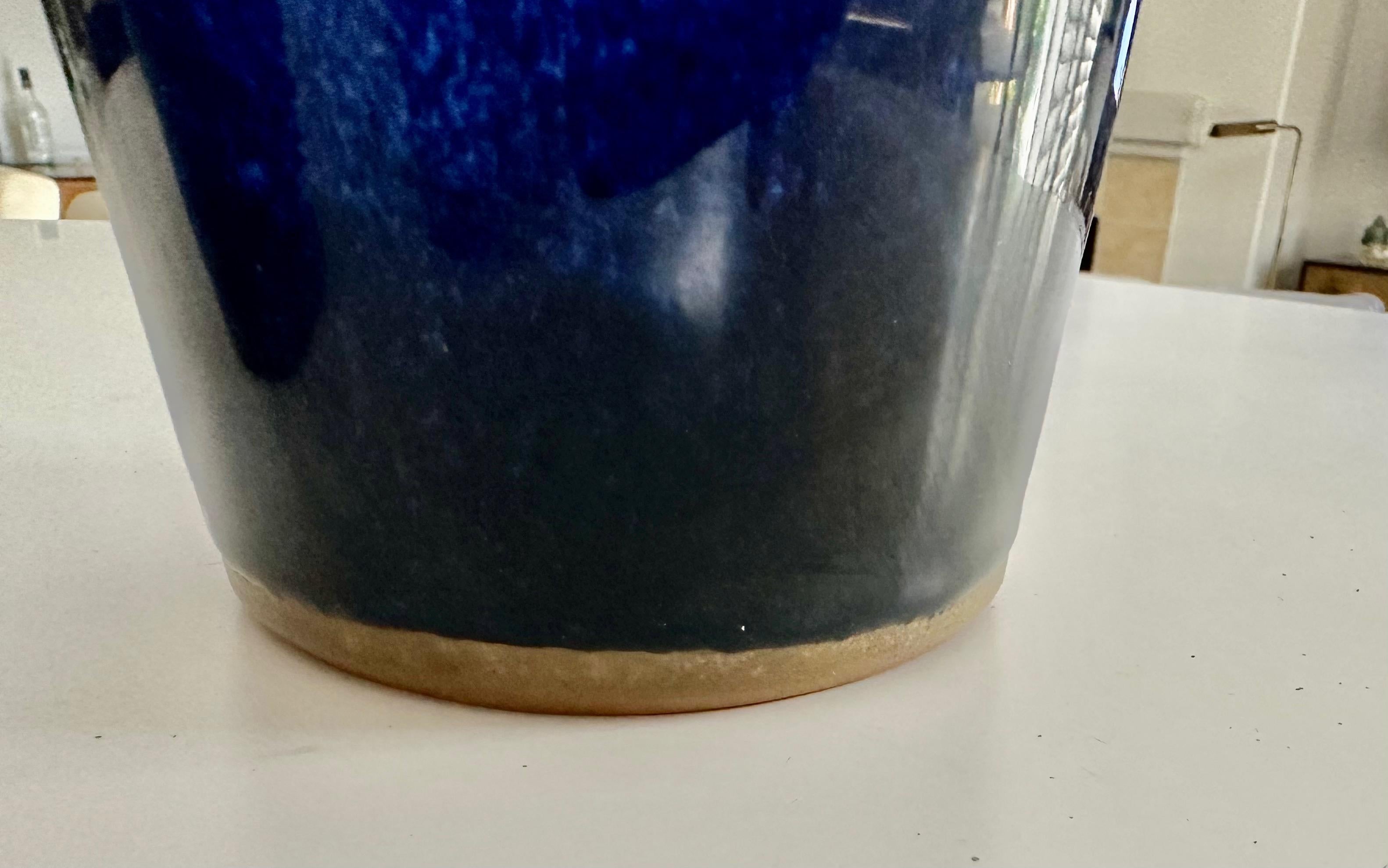 Pair Japanese Cobalt Blue Flambe Mottled Pottery Vases For Sale 3